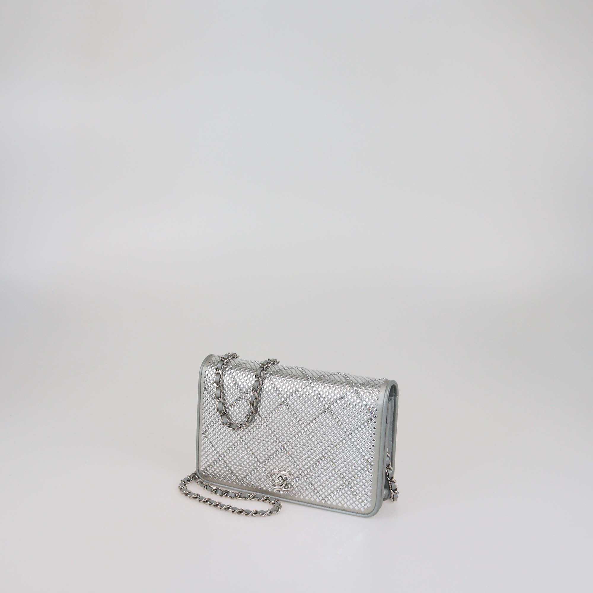 Chanel Grey Satin and Quilted Crystal Studded WOC Bag