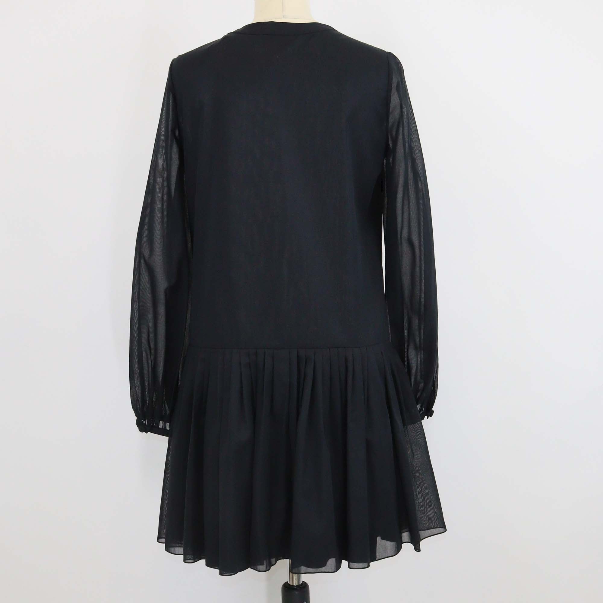 Saint Laurent Black Cotton & Silk Blend Embroidered Long Sleeve Mini Dress