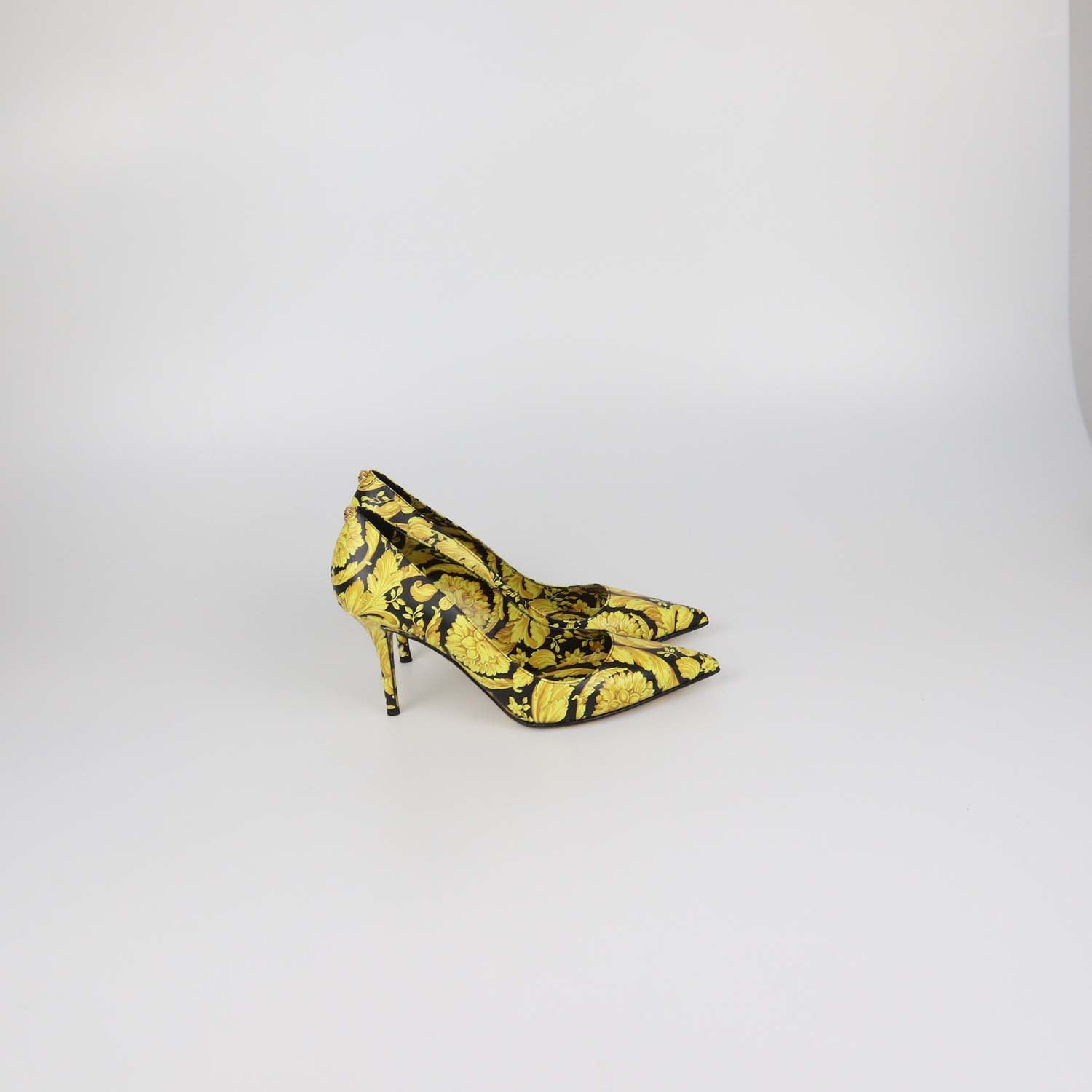 Versace Yellow/Black Leather Barocco Print Pointed Toe Pumps