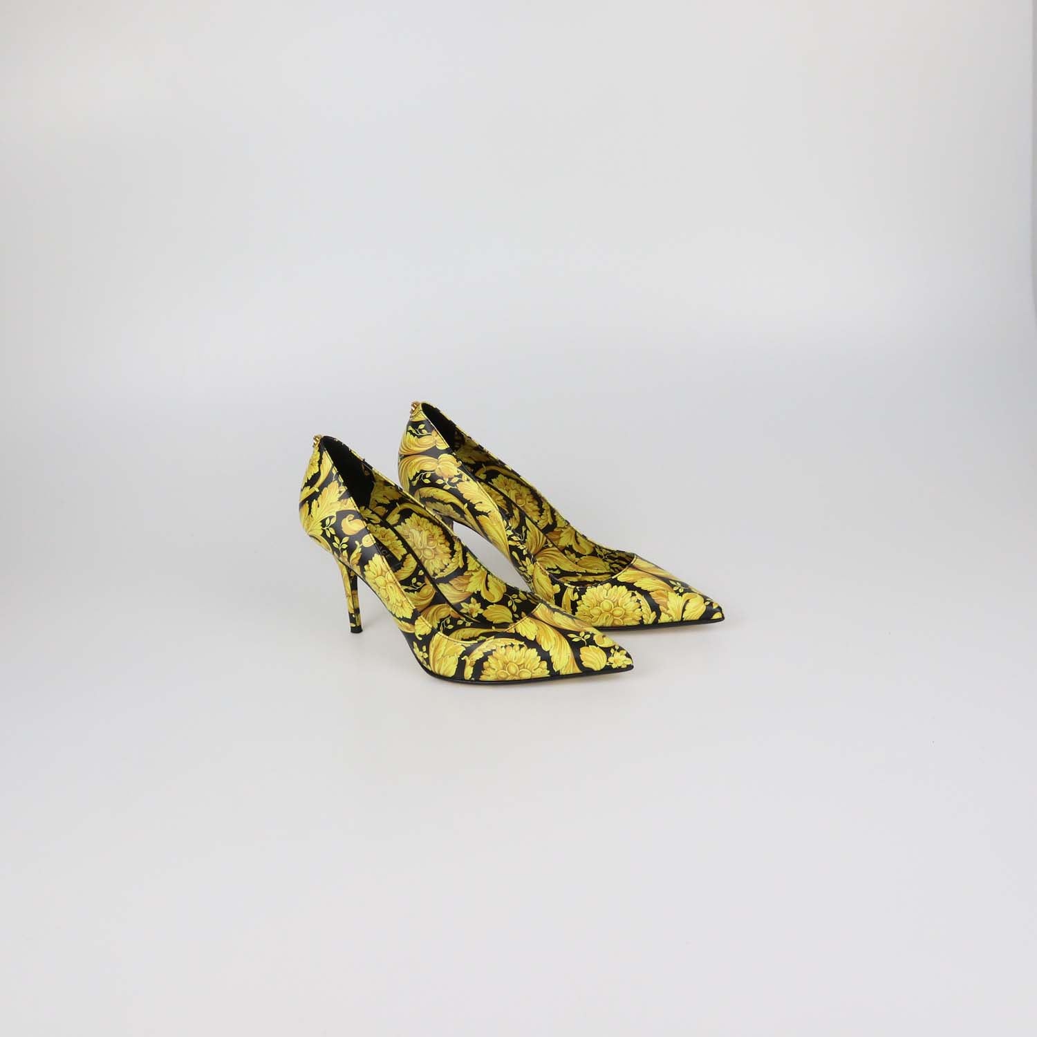 Versace Yellow/Black Leather Barocco Print Pointed Toe Pumps