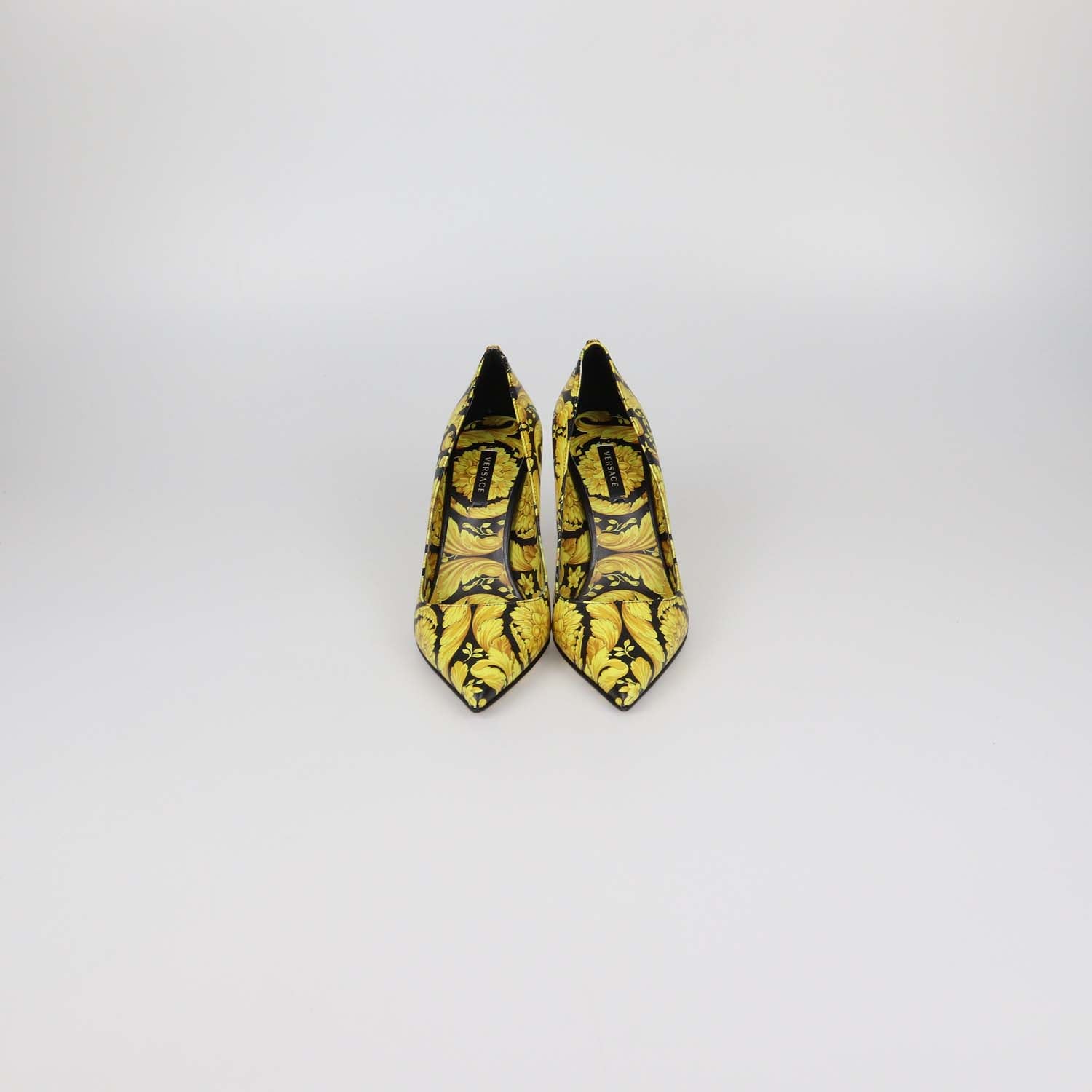 Versace Yellow/Black Leather Barocco Print Pointed Toe Pumps