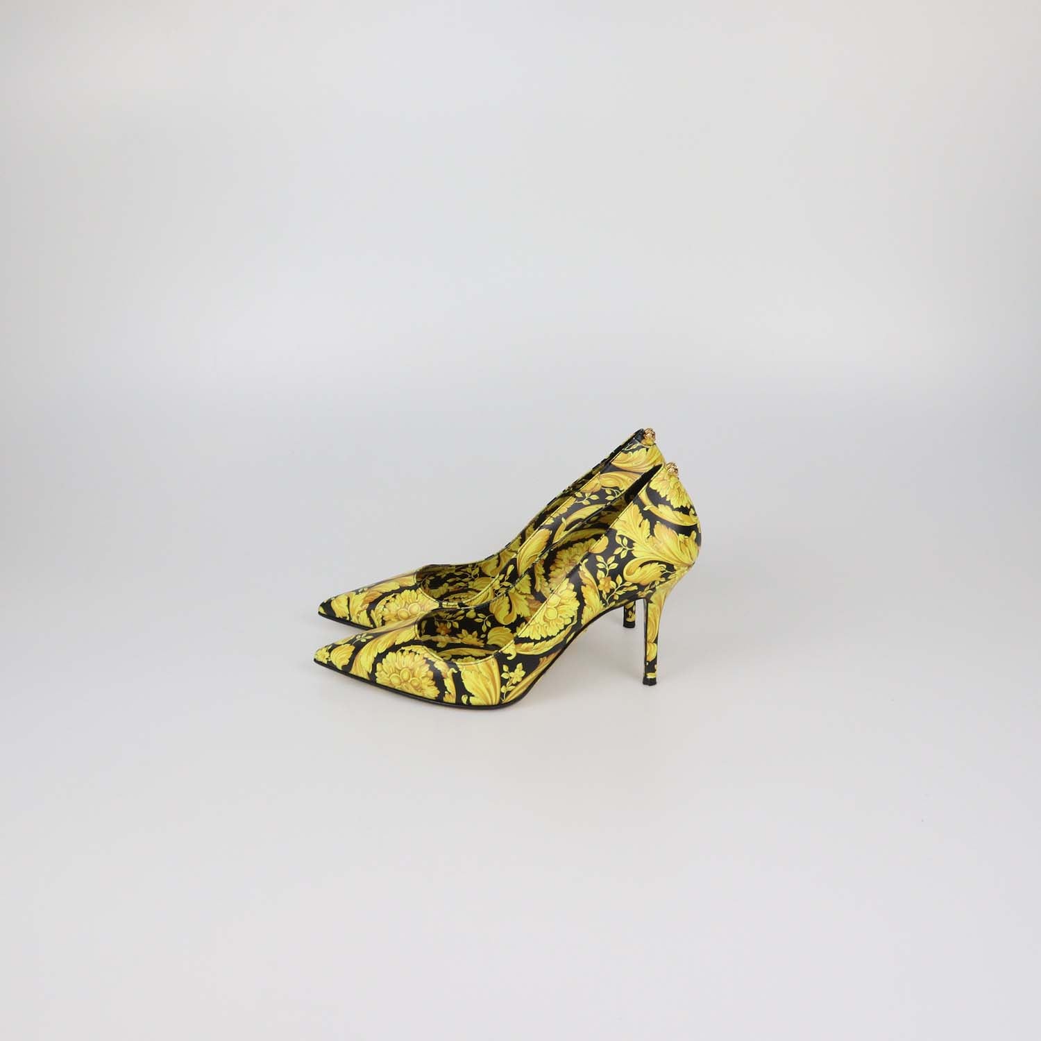 Versace Yellow/Black Leather Barocco Print Pointed Toe Pumps