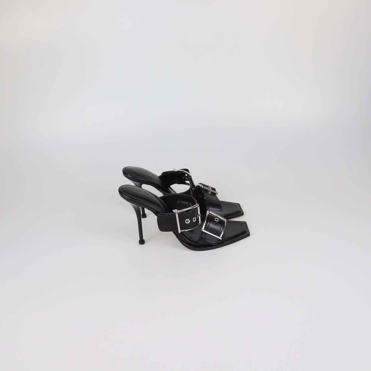 Alexander McQueen Black Leather Double Buckle Heeled Sandals