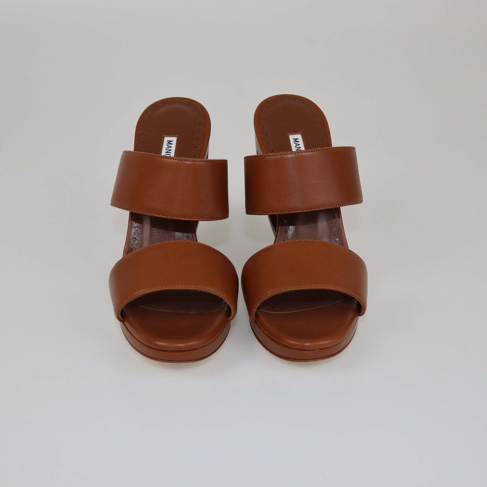 Manolo Blahnik Brown Welli Oscar Sculptural Mule Sandals Womens Manolo Blahnik