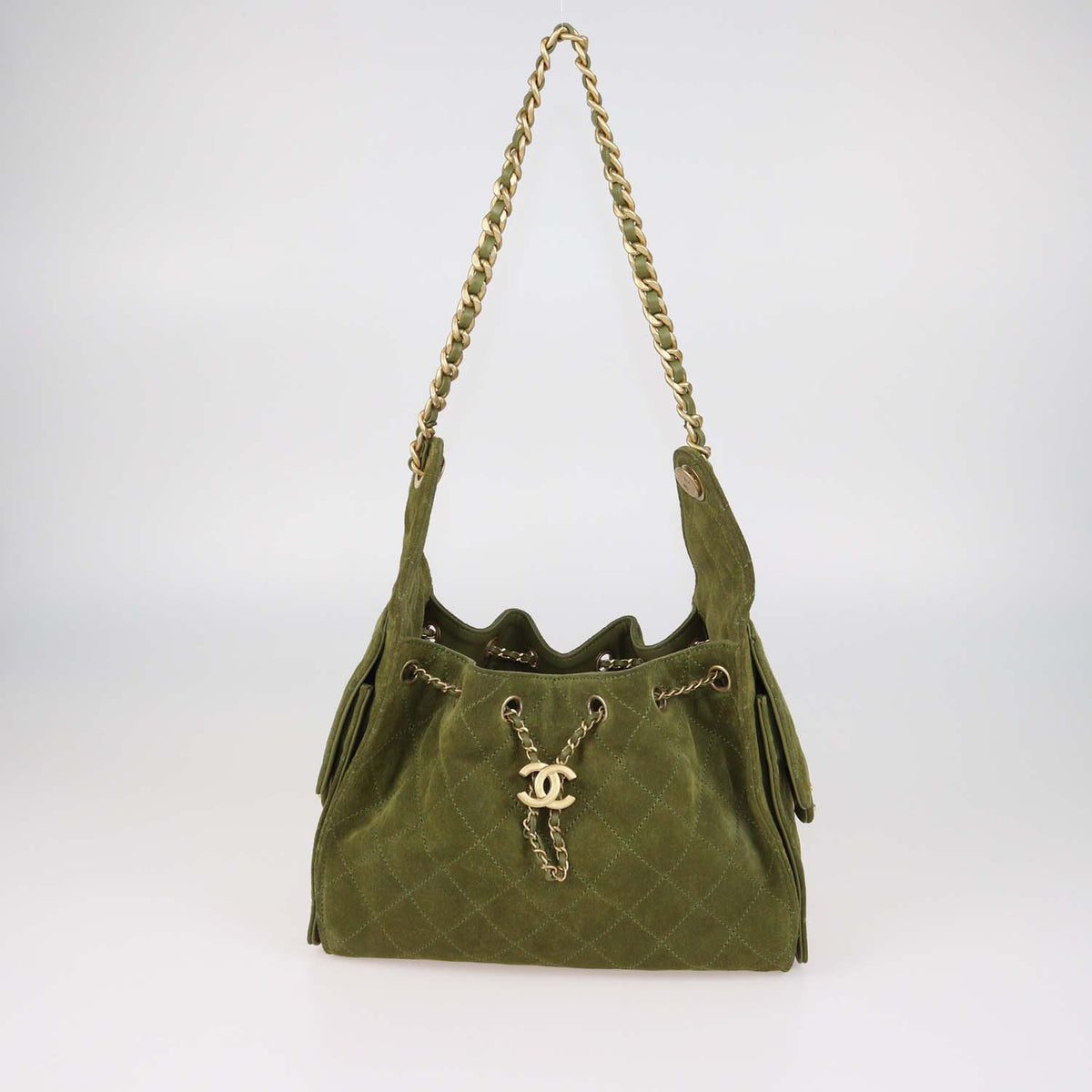 Chanel Khaki Quilted Suede Small 25 Hobo