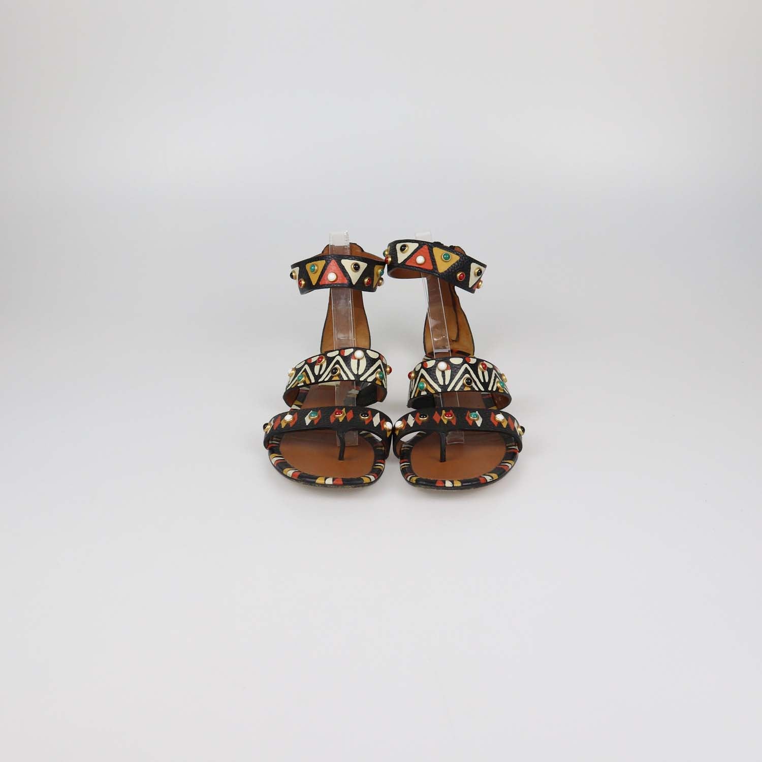 Valentino Black Leather Studded Tribal Flat Sandals