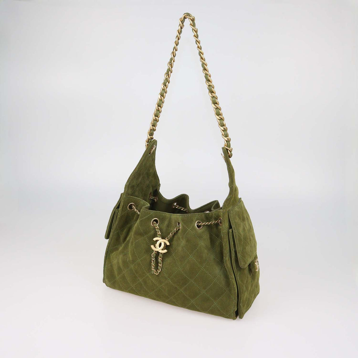 Chanel Khaki Quilted Suede Small 25 Hobo