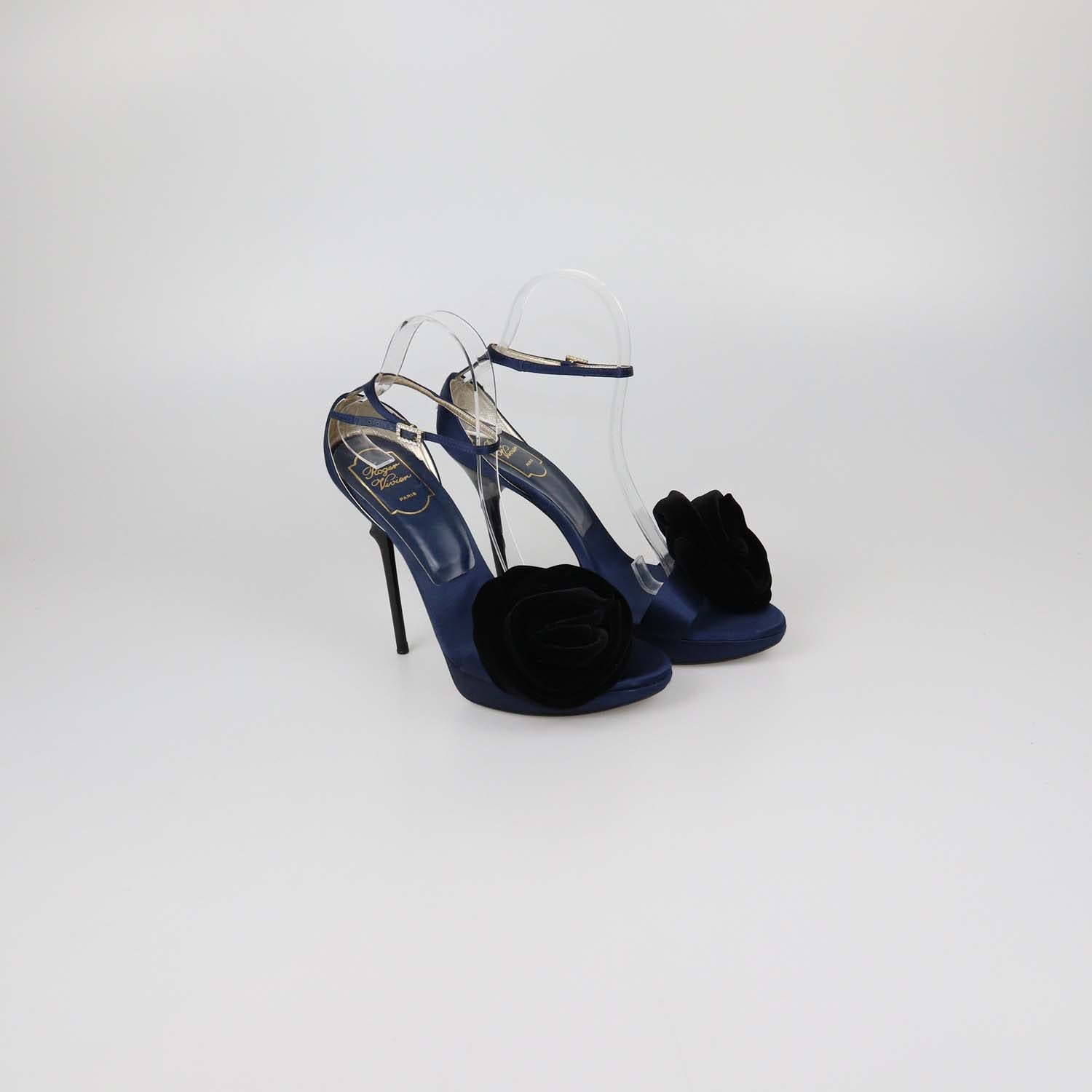 Roger Vivier Navy Blue/Black Satin Rose Velvet Applique Ankle Strap Platform Sandals