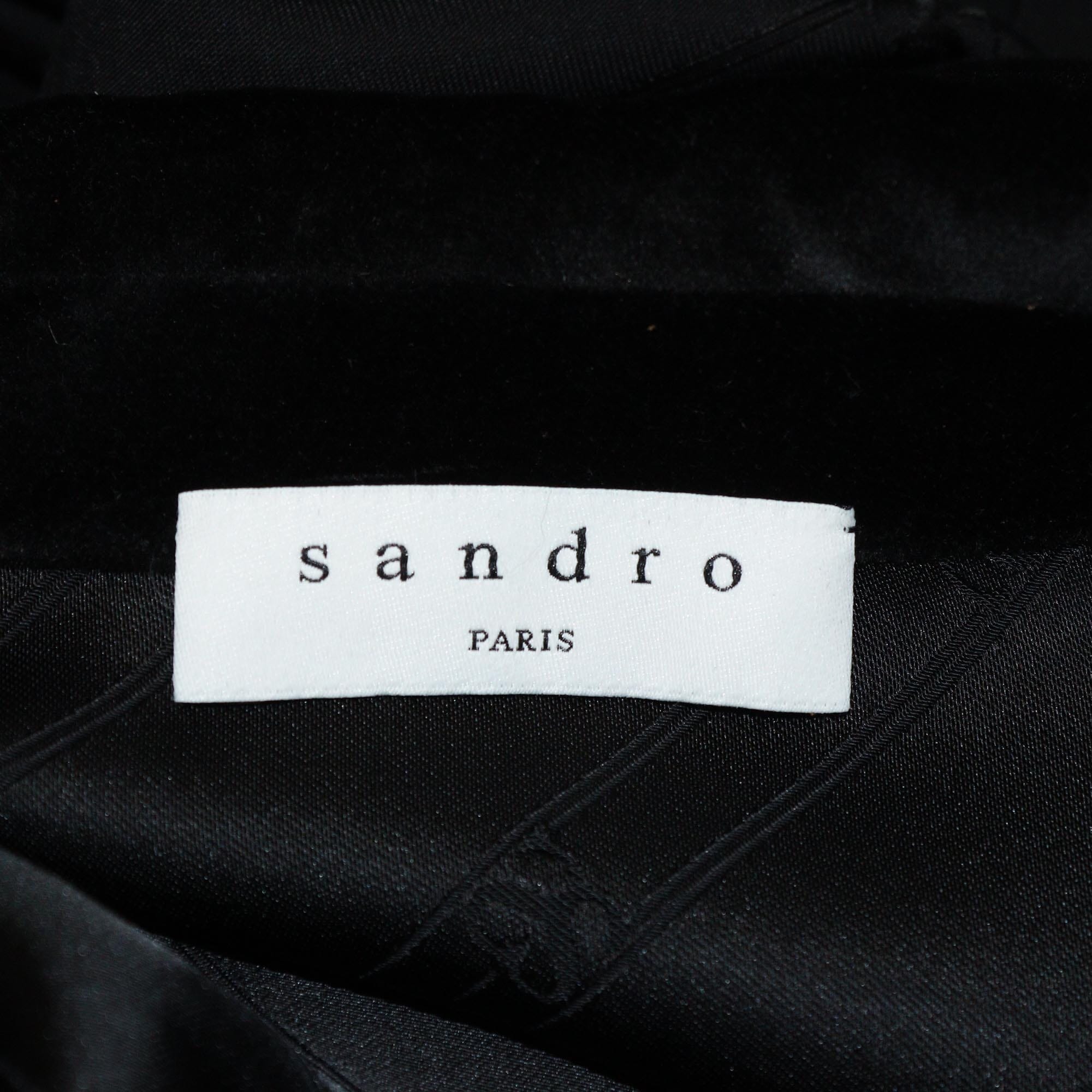Sandro Black Sanddie Jacquard Logo Velvet Collar Trimmed Belted Mini Dress Womens Sandro