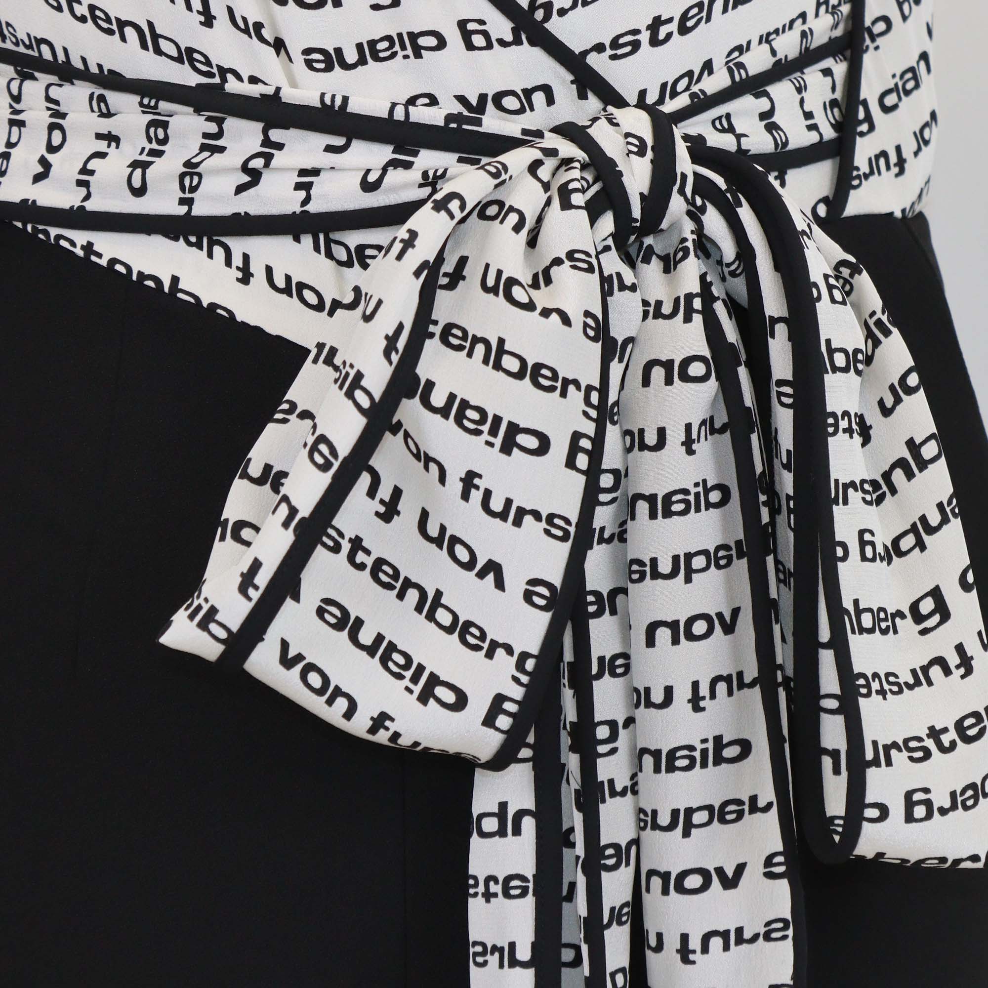 Diane Von Furstenberg Black/White Polyester & Silk Logo Printed Wrap Top Jumpsuit