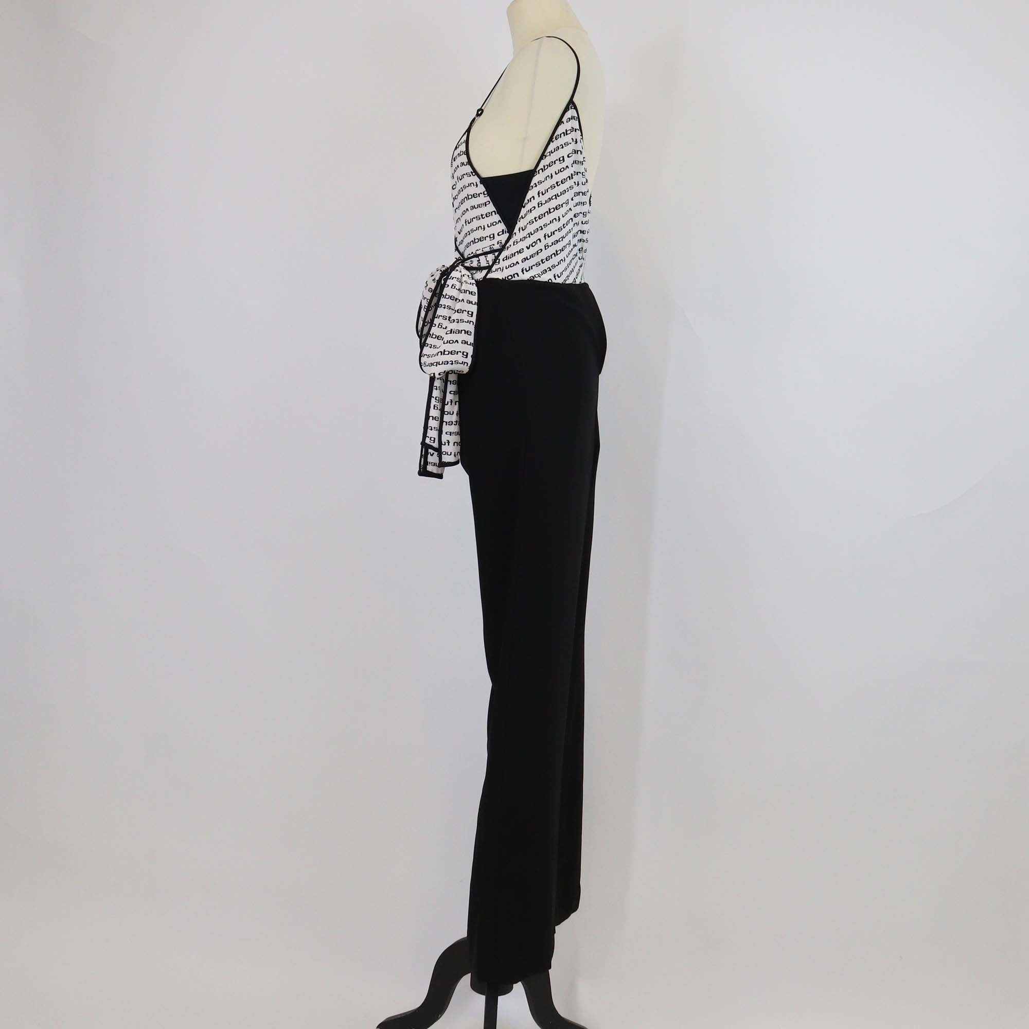 Diane Von Furstenberg Black/White Polyester & Silk Logo Printed Wrap Top Jumpsuit