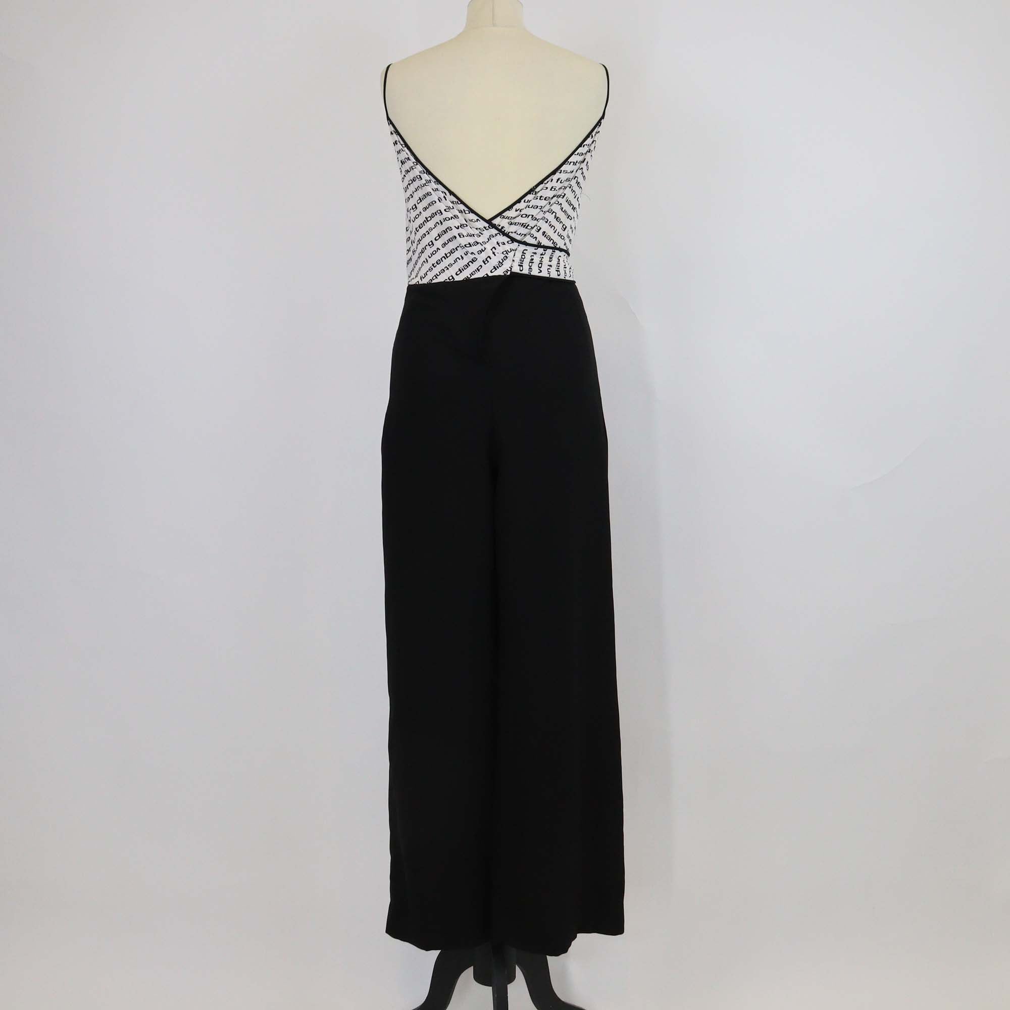 Diane Von Furstenberg Black/White Polyester & Silk Logo Printed Wrap Top Jumpsuit