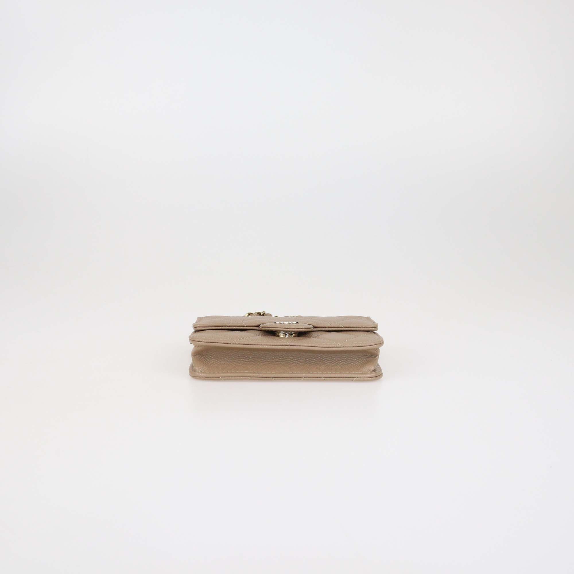 Chanel Beige Quilted Caviar Leather Card Holder on Chain