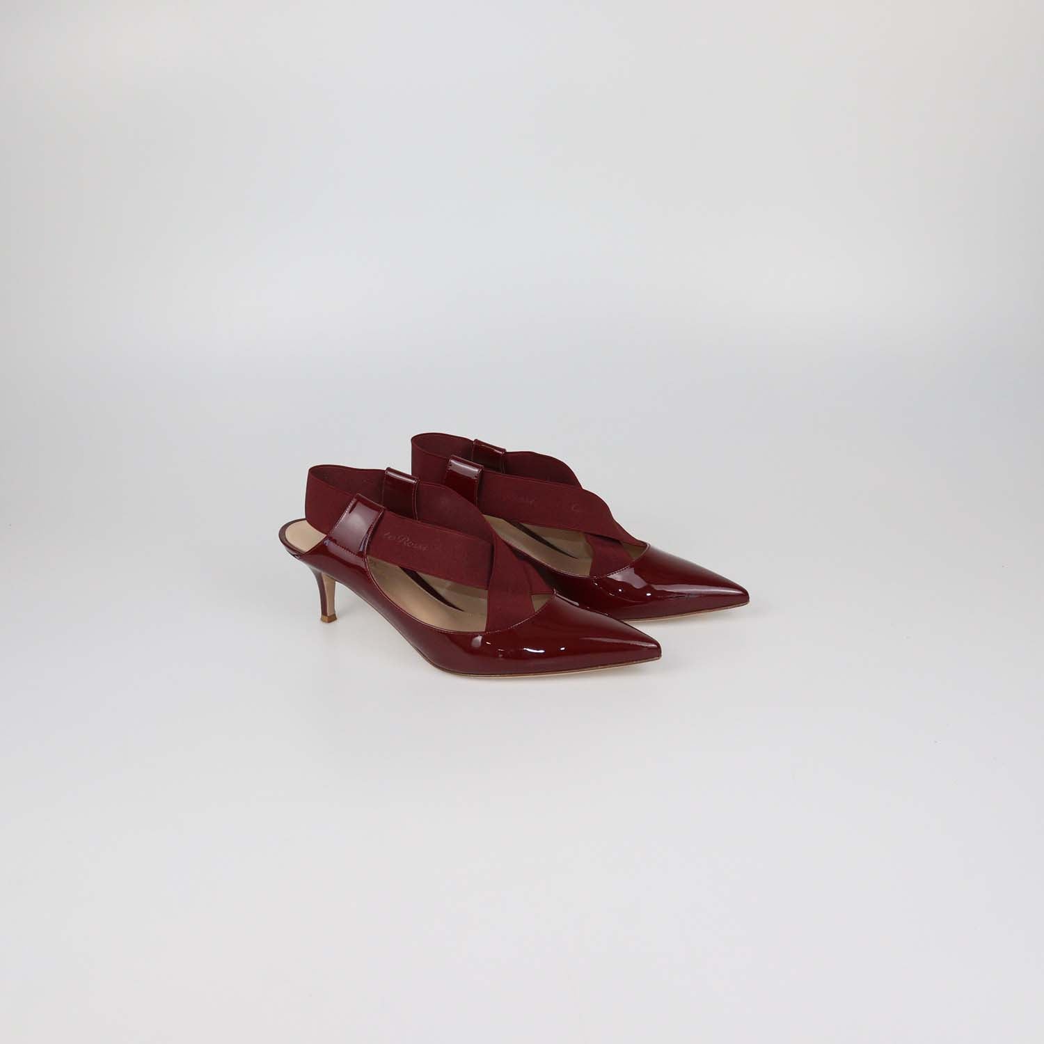 Gianvito Rossi Dark Red Patent Leather Crisscross Elastic Strap Pointed Toe Pumps