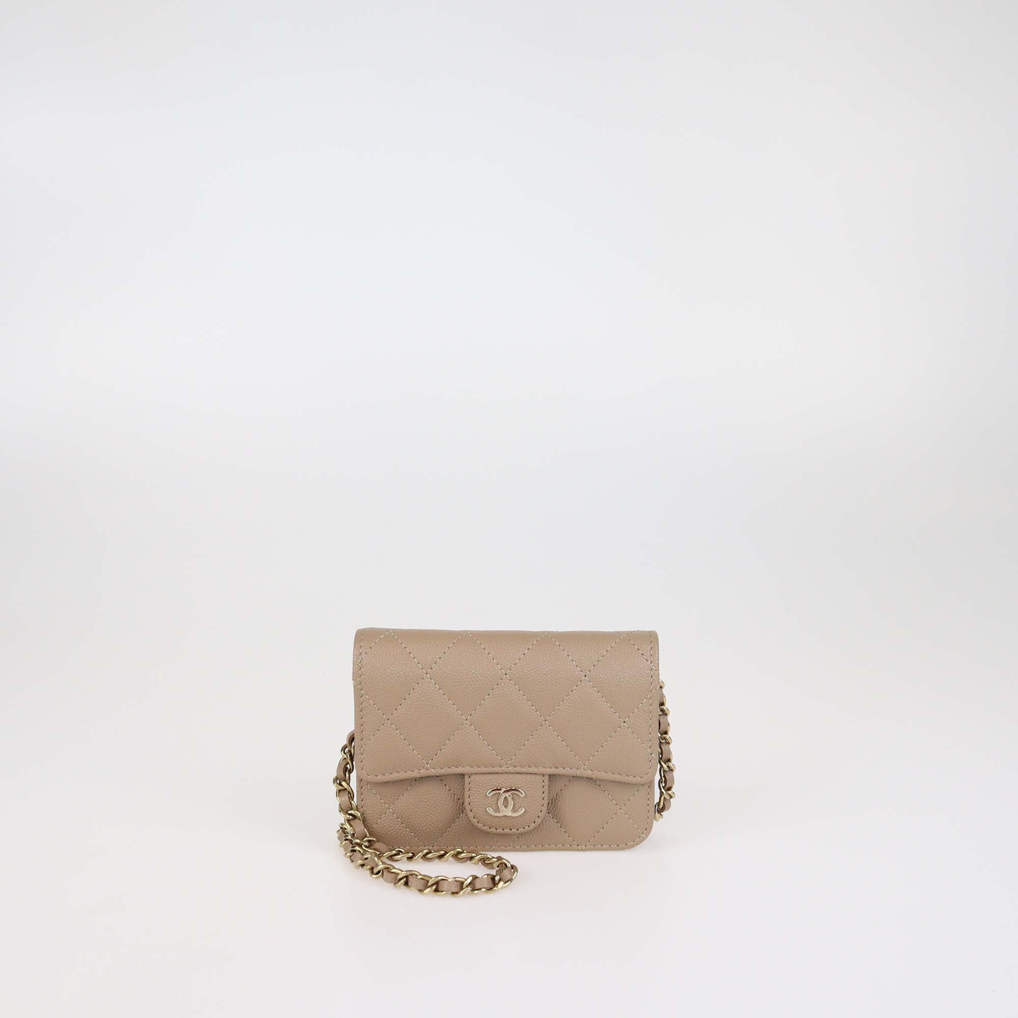 Chanel Beige Quilted Caviar Leather Card Holder on Chain