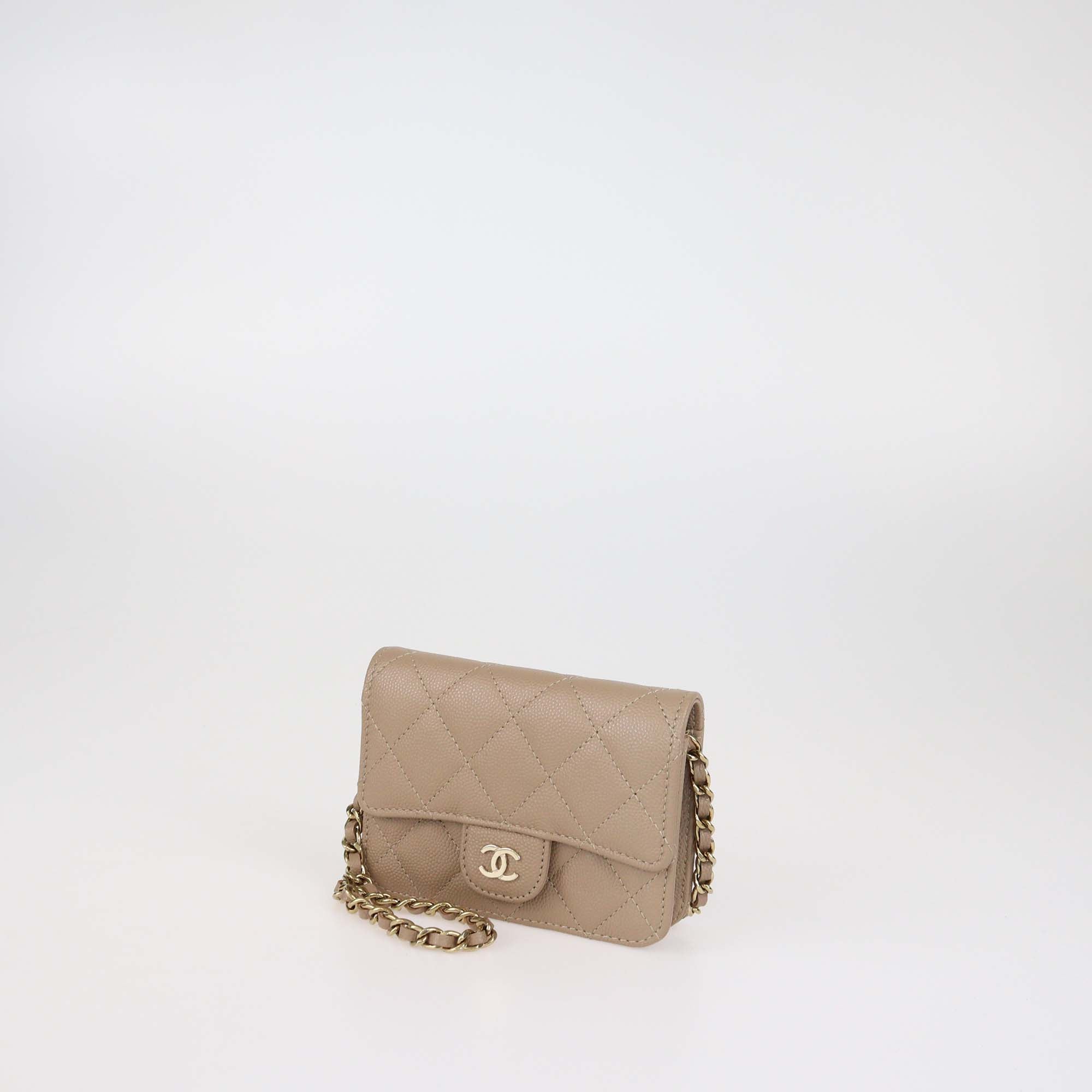 Chanel Beige Quilted Caviar Leather Card Holder on Chain