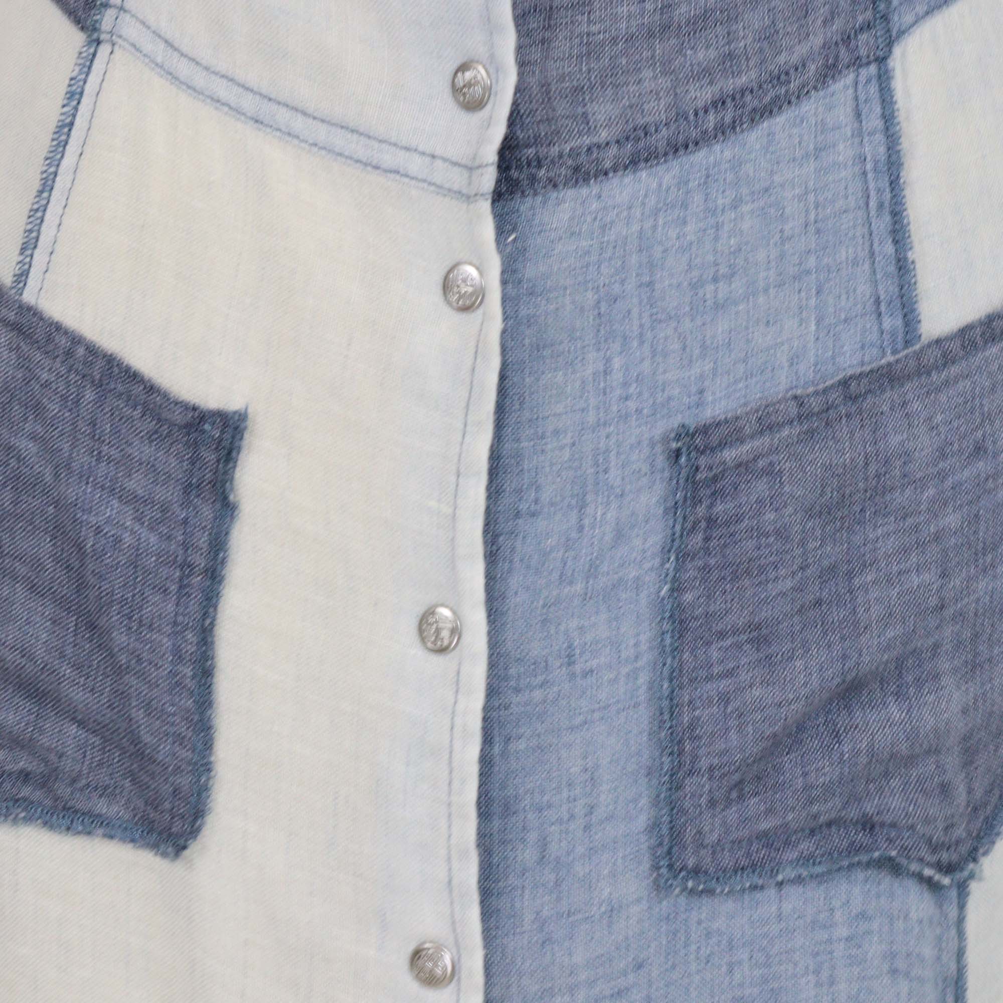 Kenzo Blue Linen Patchwork & Ruffled Button Midi Dress