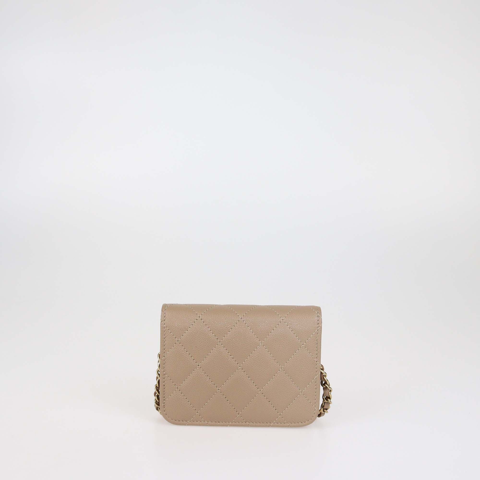 Chanel Beige Quilted Caviar Leather Card Holder on Chain