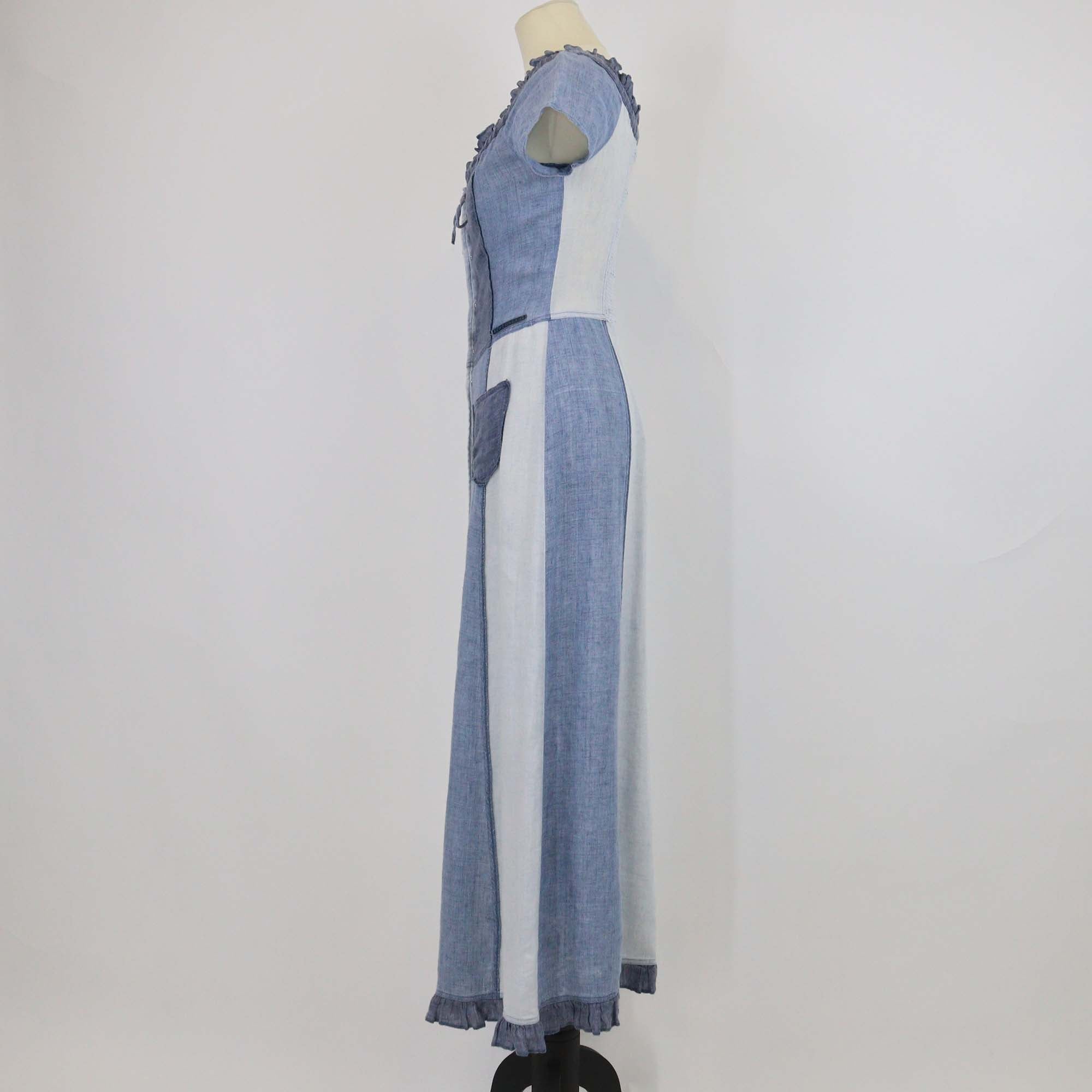 Kenzo Blue Linen Patchwork & Ruffled Button Midi Dress