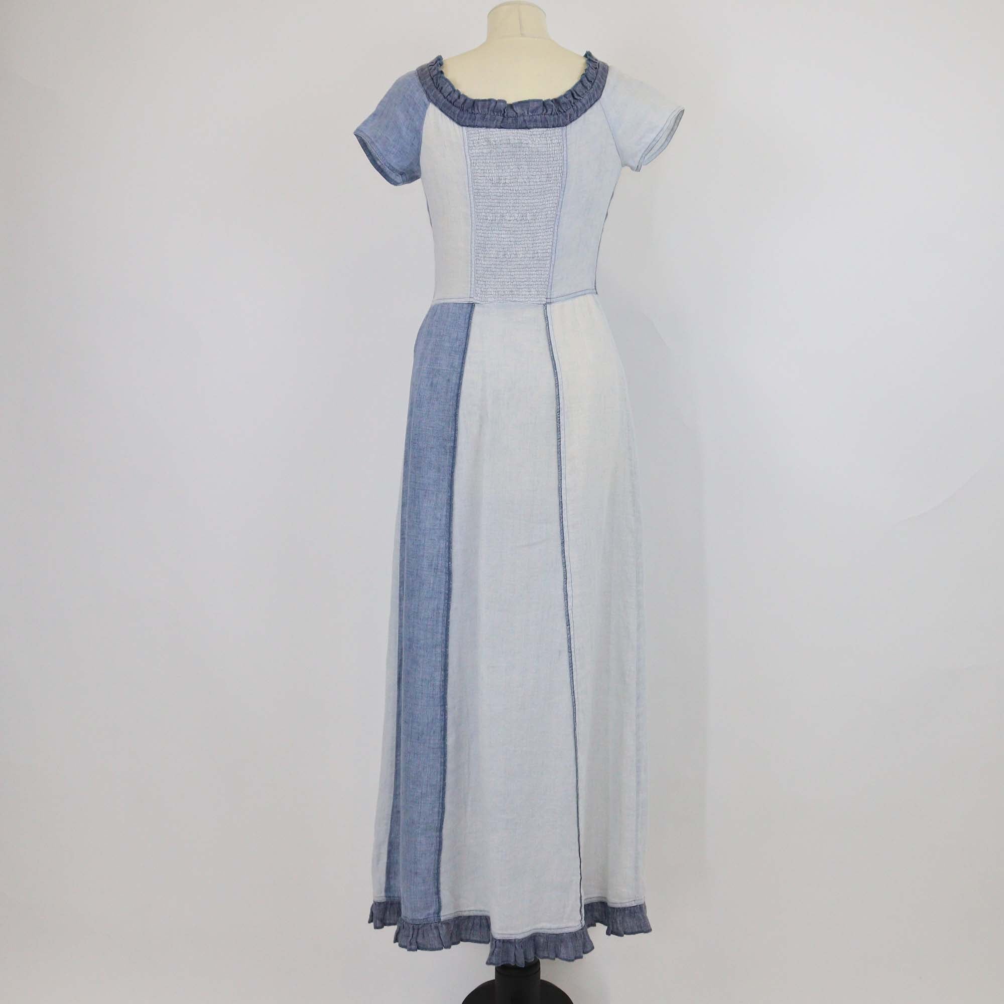 Kenzo Blue Linen Patchwork & Ruffled Button Midi Dress