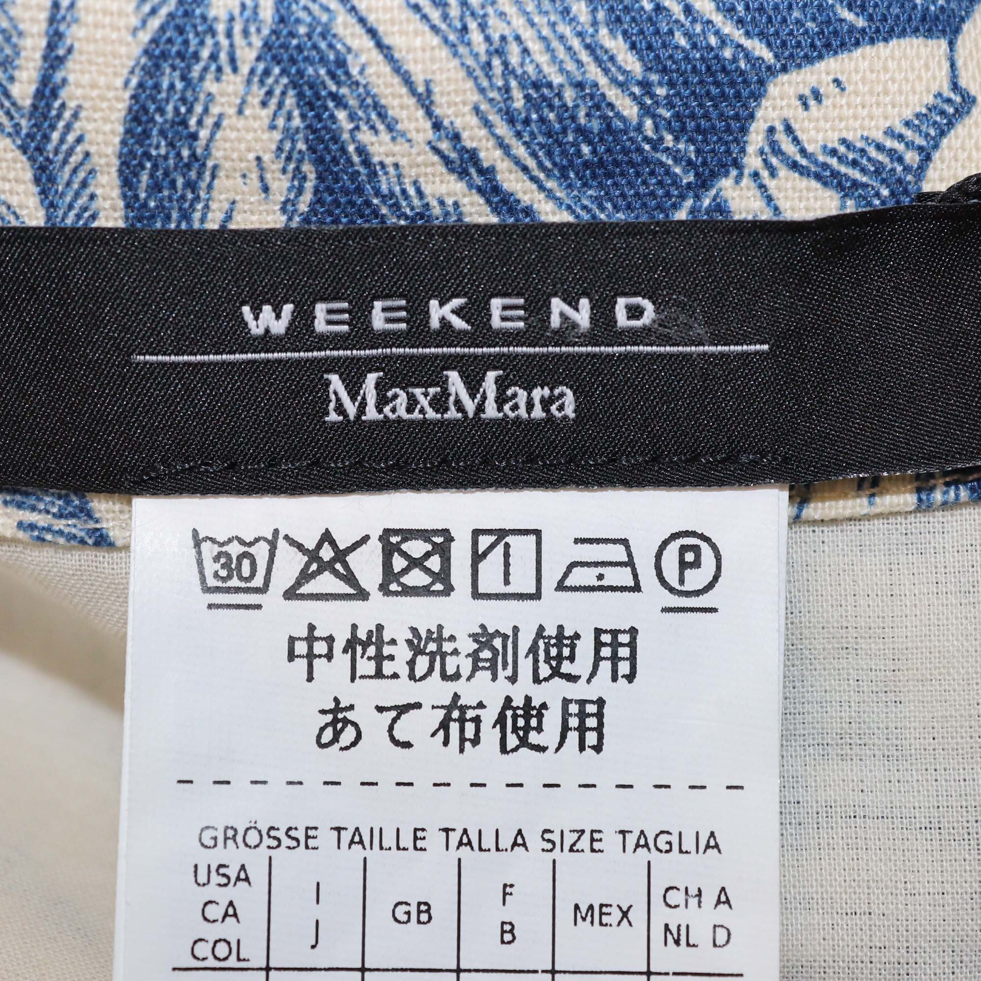 Weekend MaxMara Light Beige/Blue Linen & Cotton Floral Print Belted Midi Dress