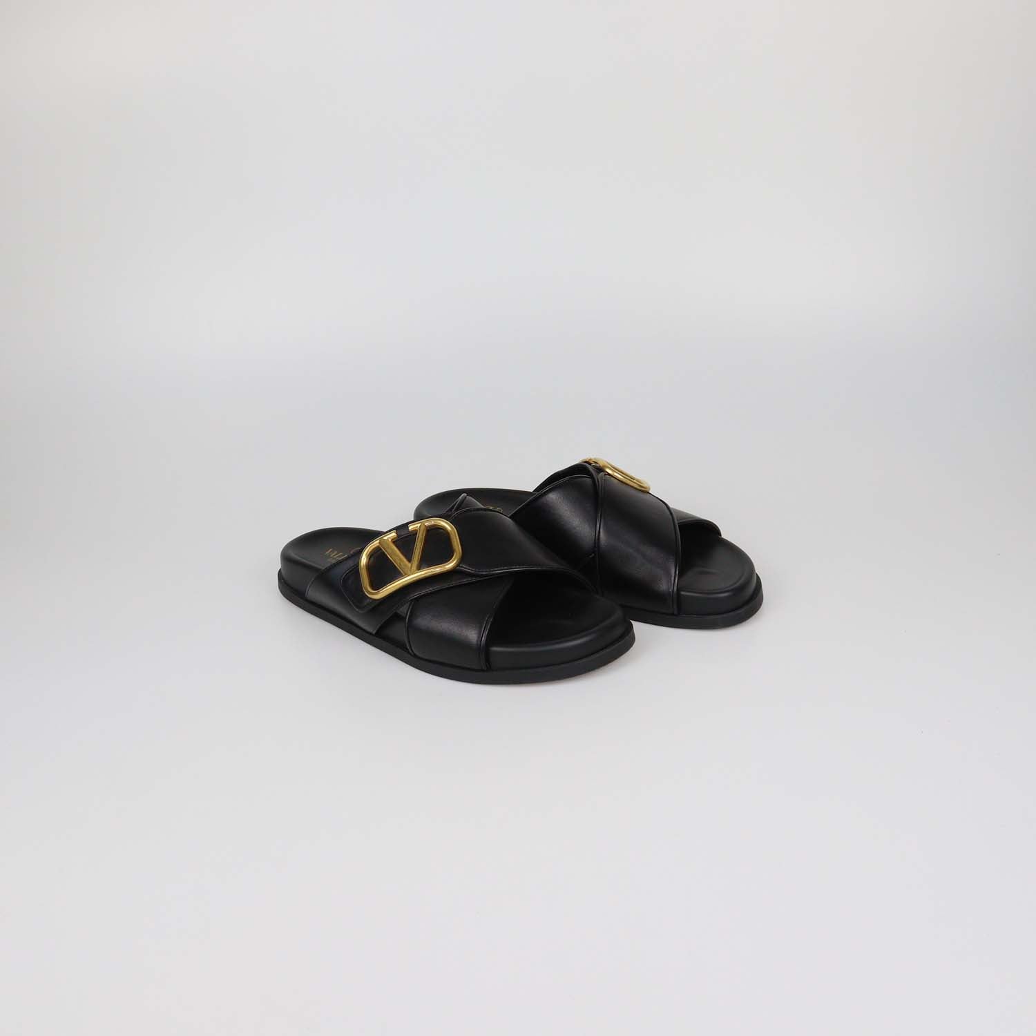 Valentino Black Leather VLogo Flat Sandals
