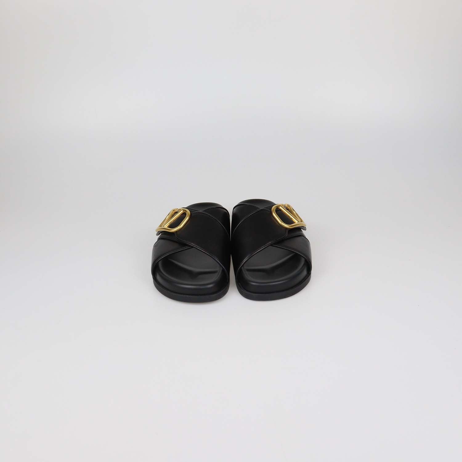 Valentino Black Leather VLogo Flat Sandals