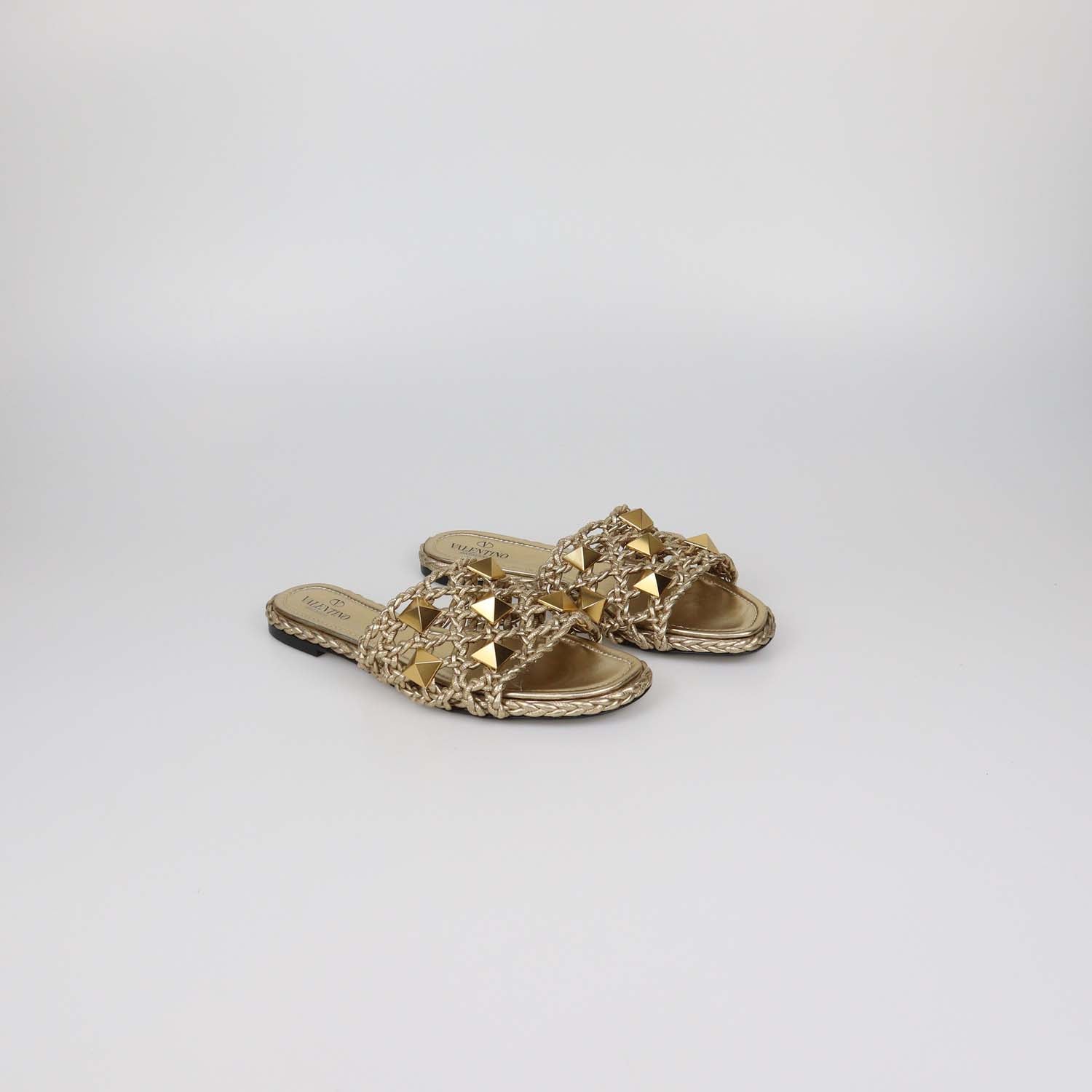 Valentino Gold Leather Leather Braided Roman Stud Flat Sandals