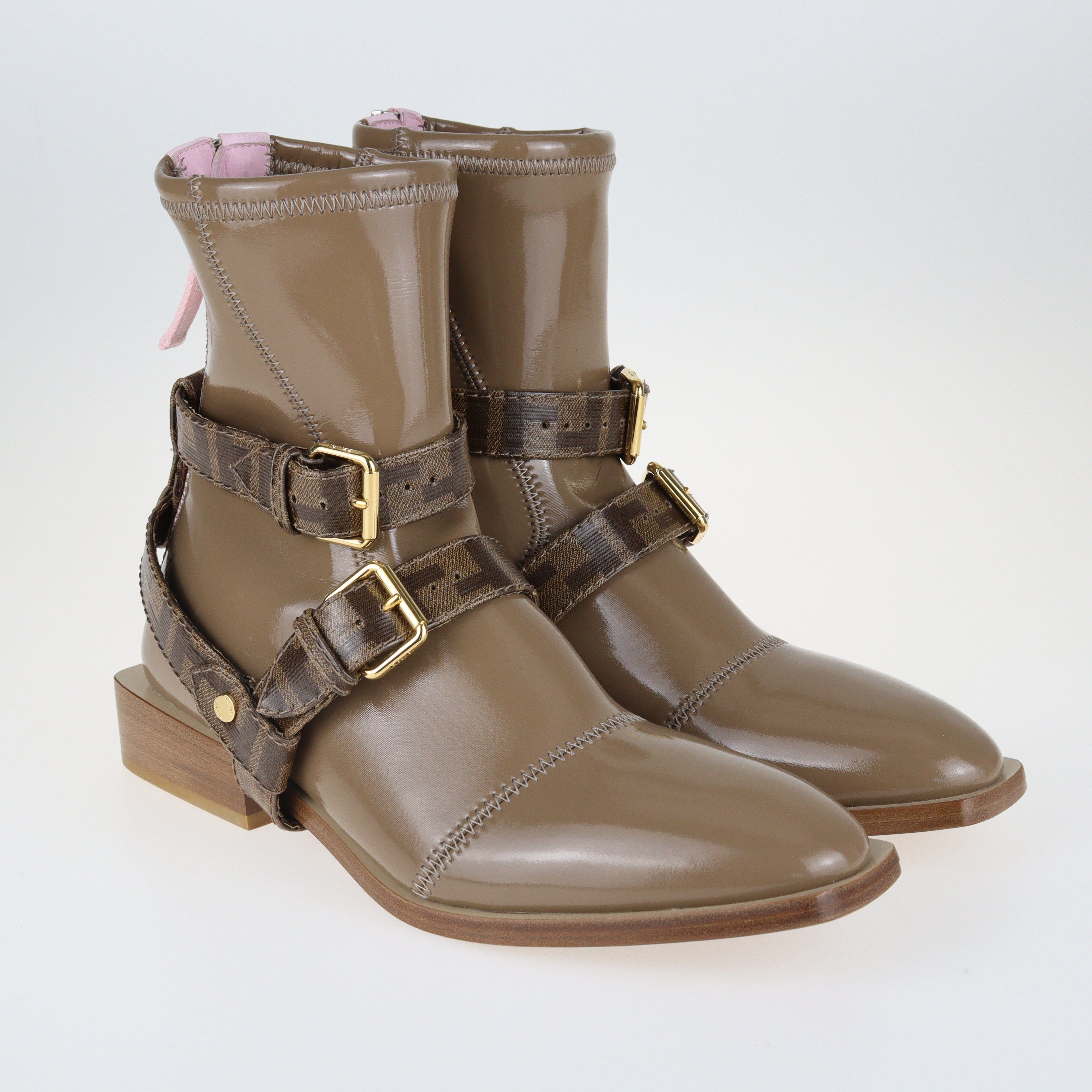 Brown Patent Leather Biker Boots Shoes Fendi 