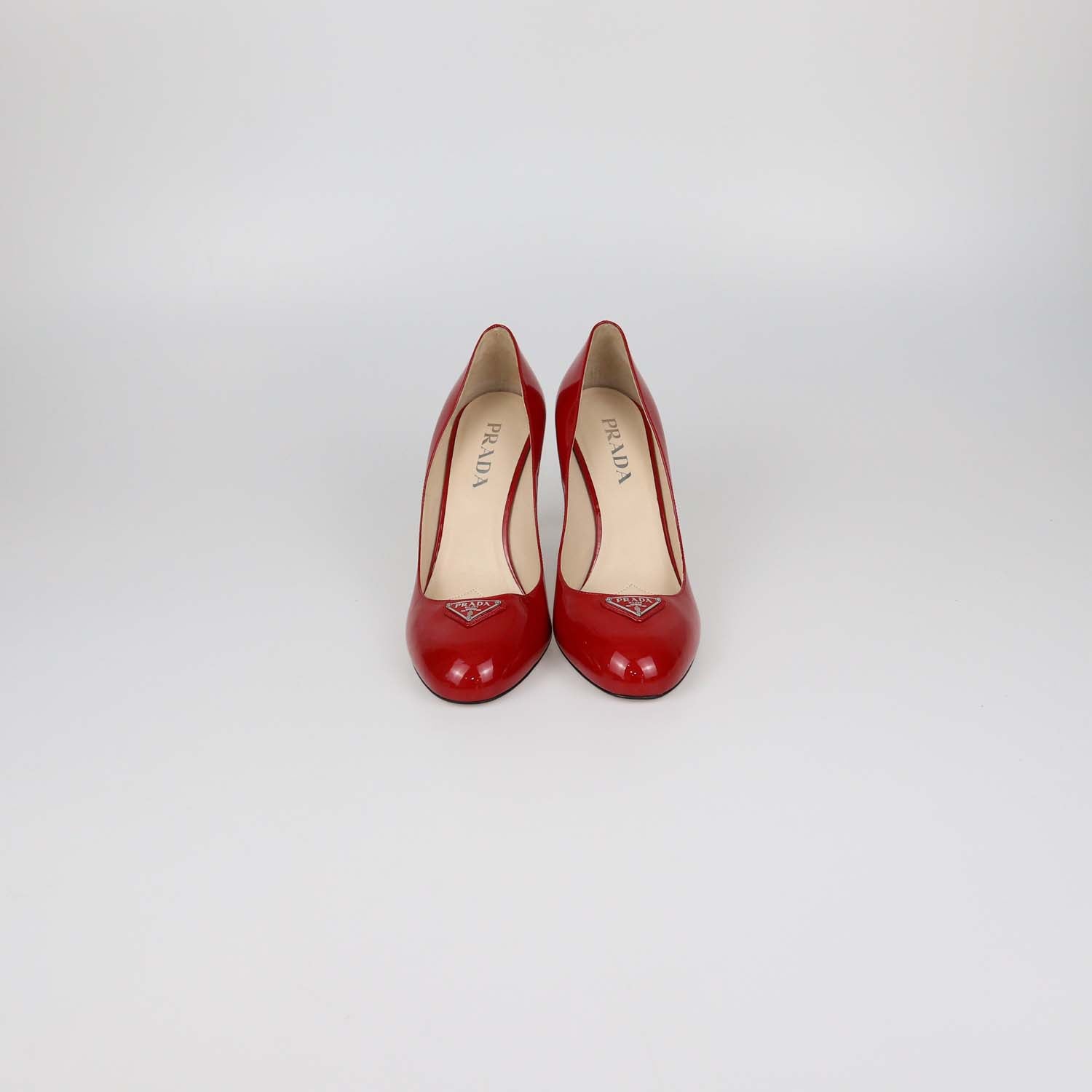 Prada Red Patent Leather Plaque Round Toe Pumps