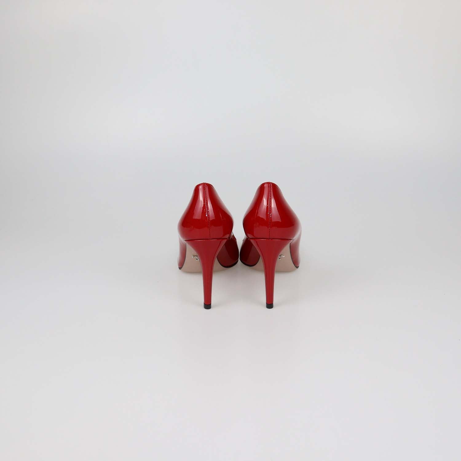 Prada Red Patent Leather Plaque Round Toe Pumps