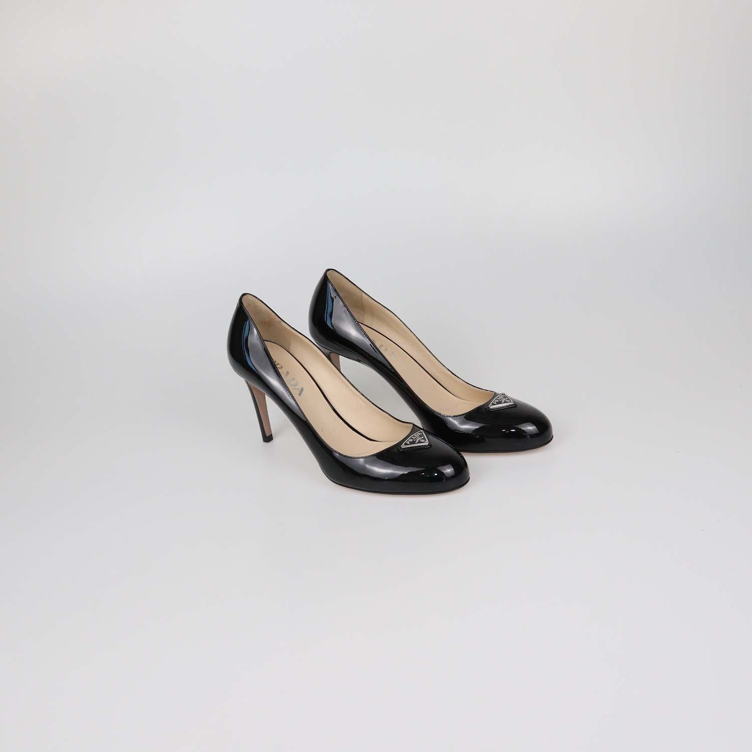 Prada Black Patent Leather Plaque Round Toe Pumps