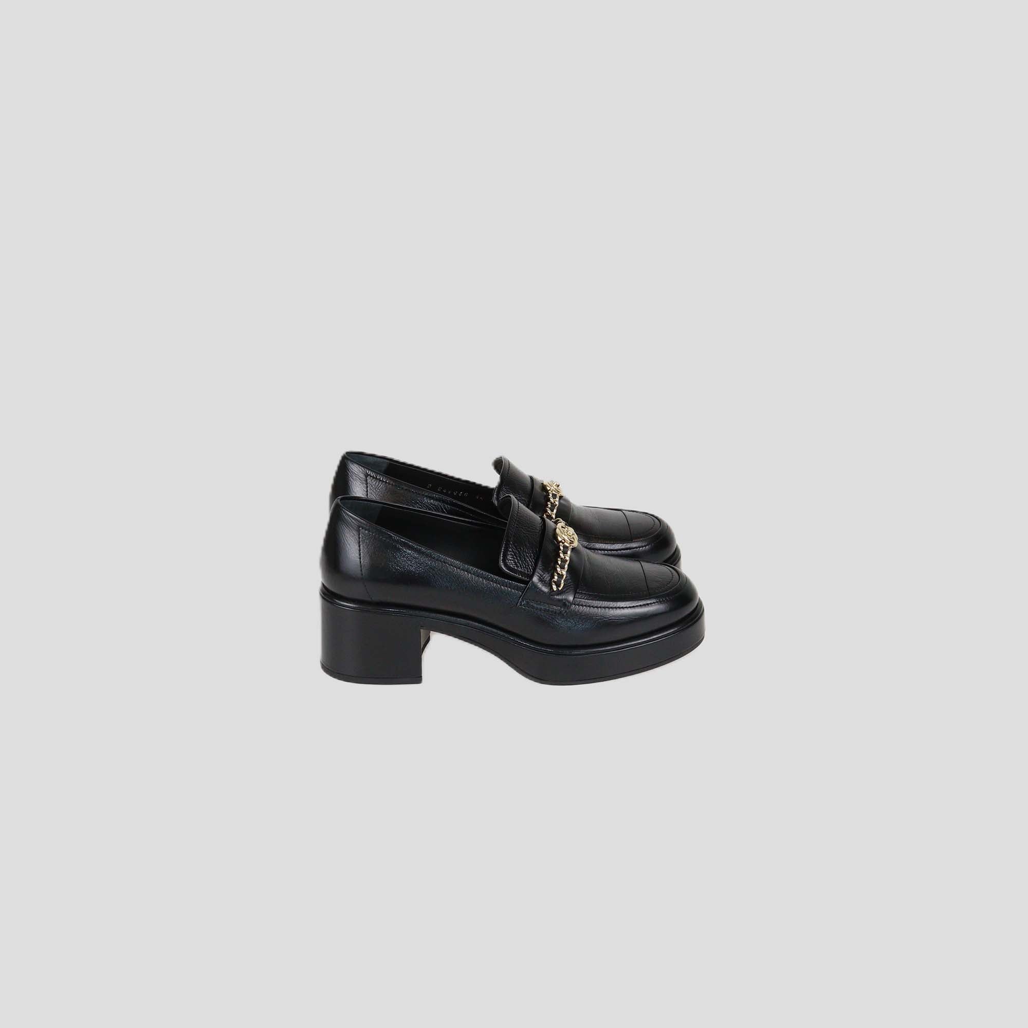 Chanel Black Shine Leather CC Chain Platform Loafers