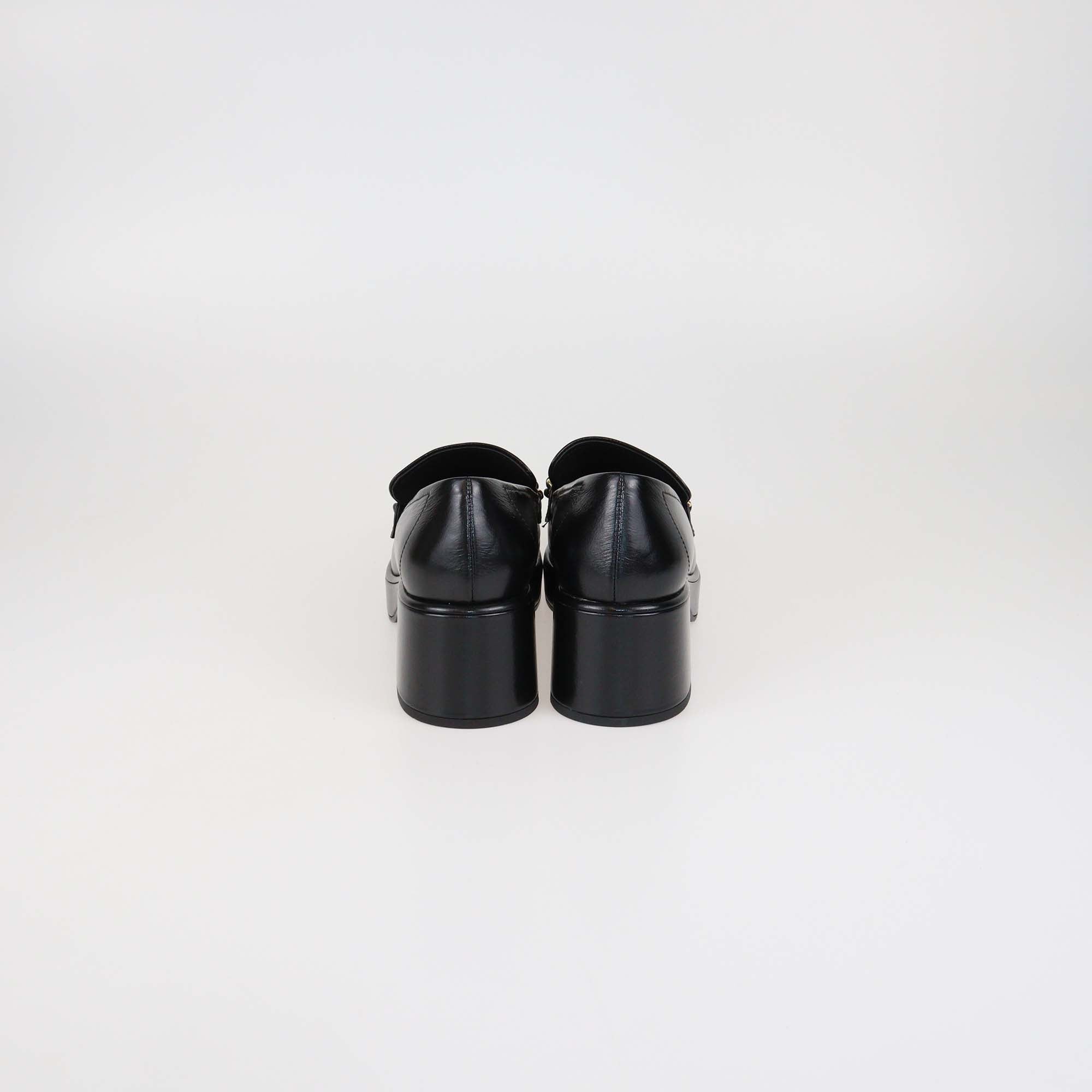 Chanel Black Shine Leather CC Chain Platform Loafers