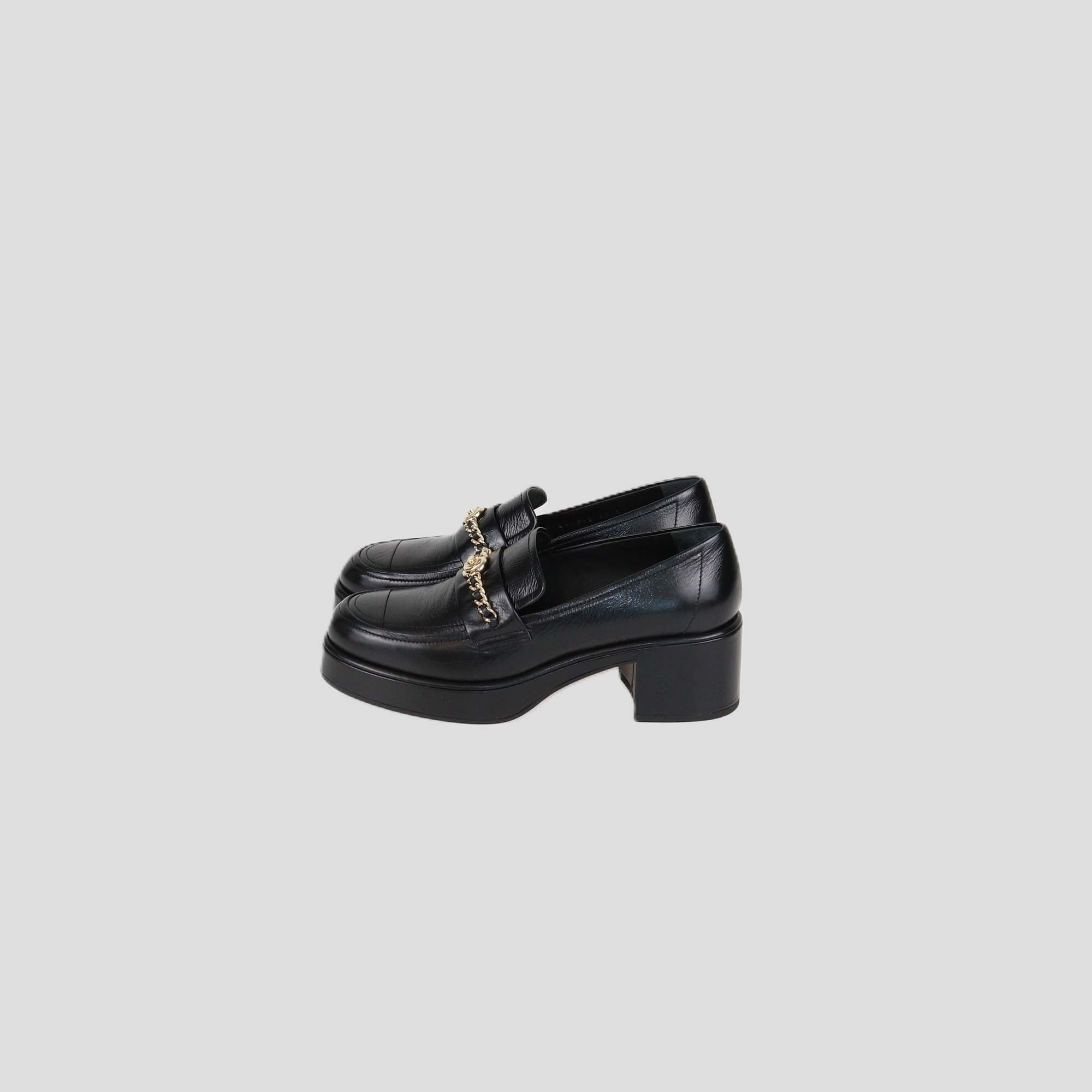 Chanel Black Shine Leather CC Chain Platform Loafers
