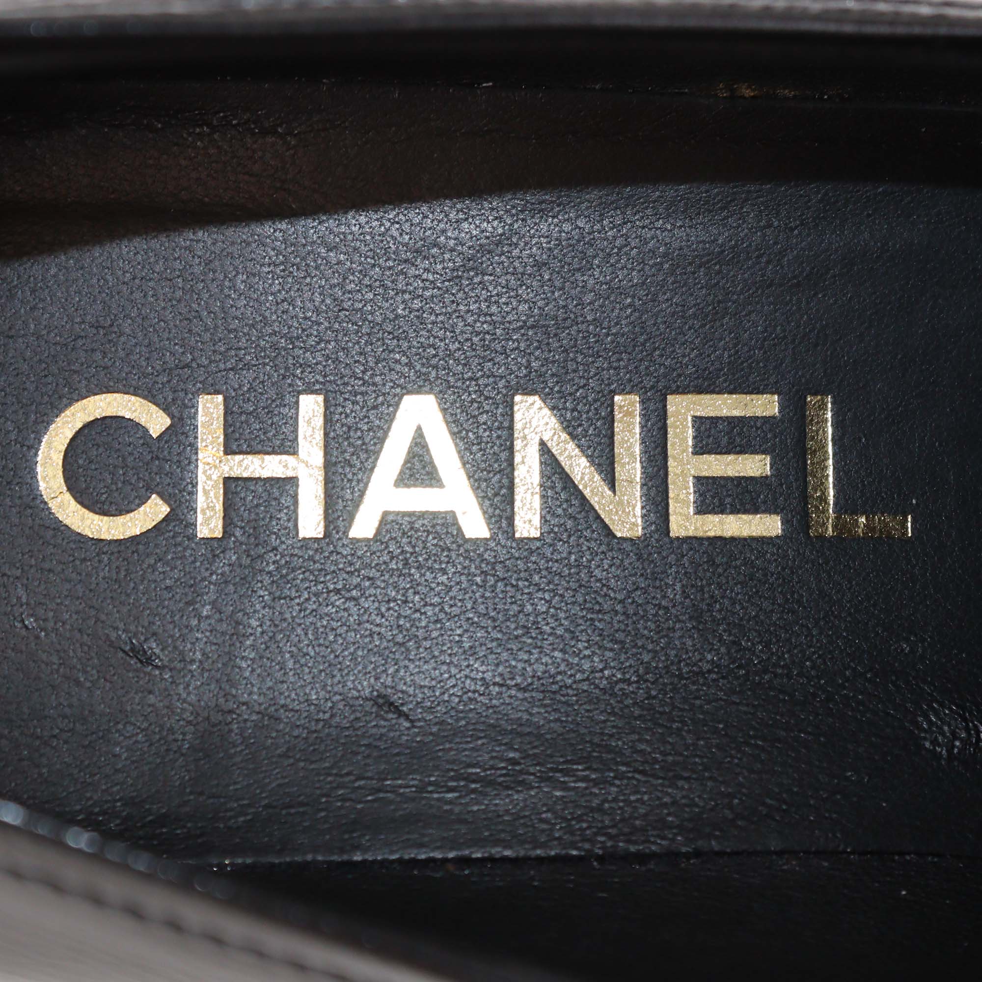 Chanel Black Shine Leather CC Chain Platform Loafers