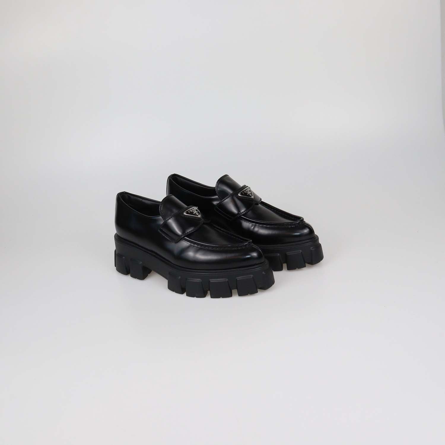 Prada Black Brushed Leather Monolith Platform Loafers
