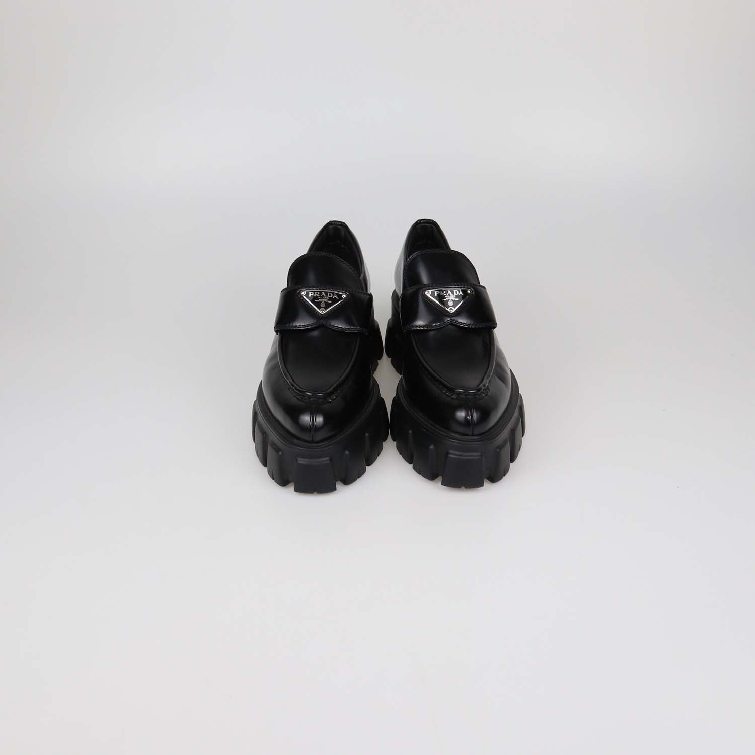 Prada Black Brushed Leather Monolith Platform Loafers