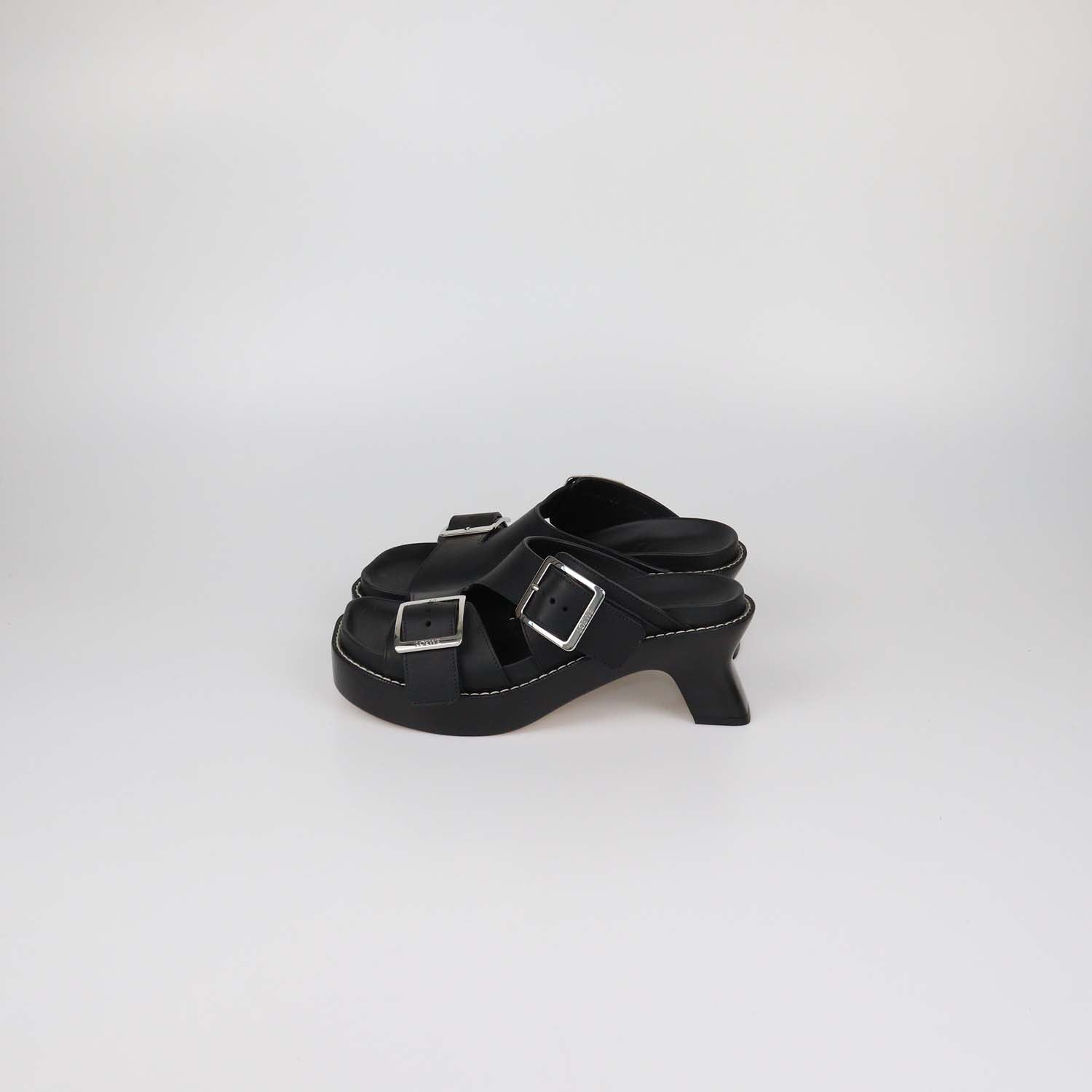 Loewe Black Leather Double Buckle Ease Slide Sandals