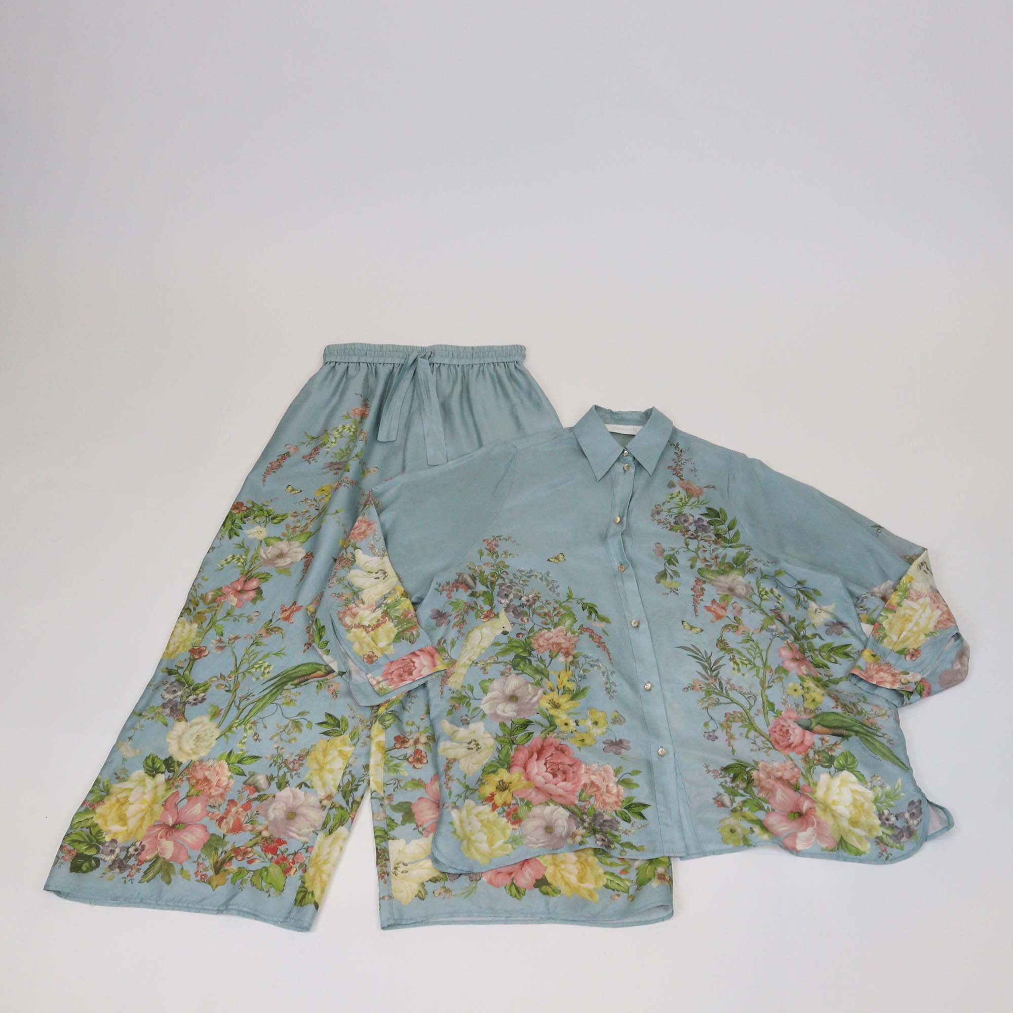 Zimmermann Light Blue/Multicolor Silk Floral Print Relaxed Long Sleeve Shirt & Trouser Set