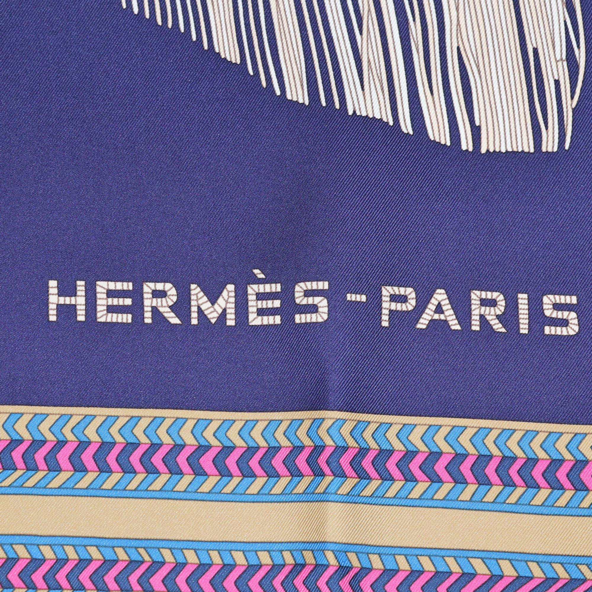 Hermes Navy Blue/Multicolor Silk Selle des Steppes Scarf 90