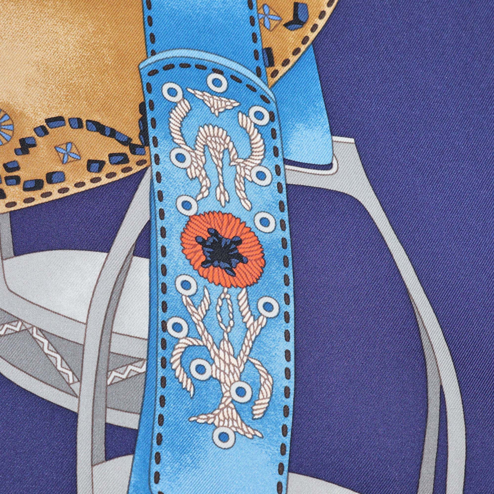 Hermes Navy Blue/Multicolor Silk Selle des Steppes Scarf 90