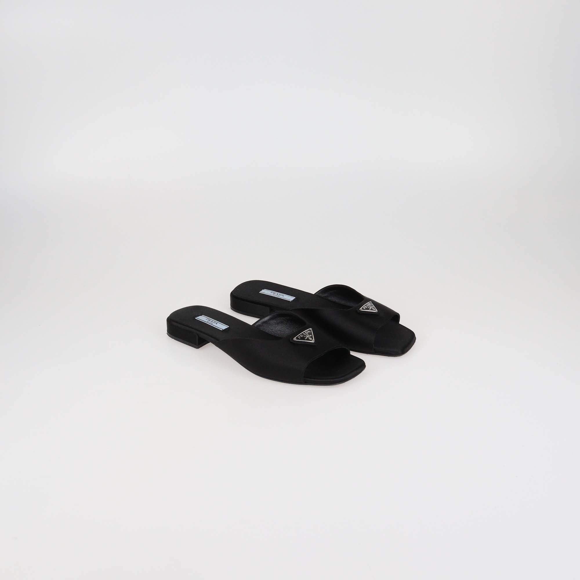 Prada Black Logo Detail Satin Square Toe Slide Flat Sandal