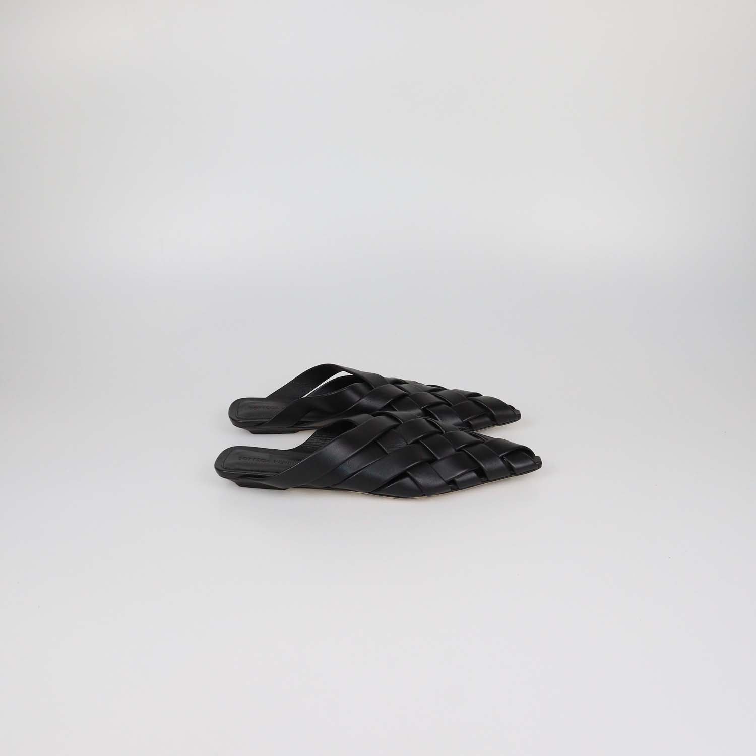 Bottega Veneta Black Woven Leather Alfie Flat Mules