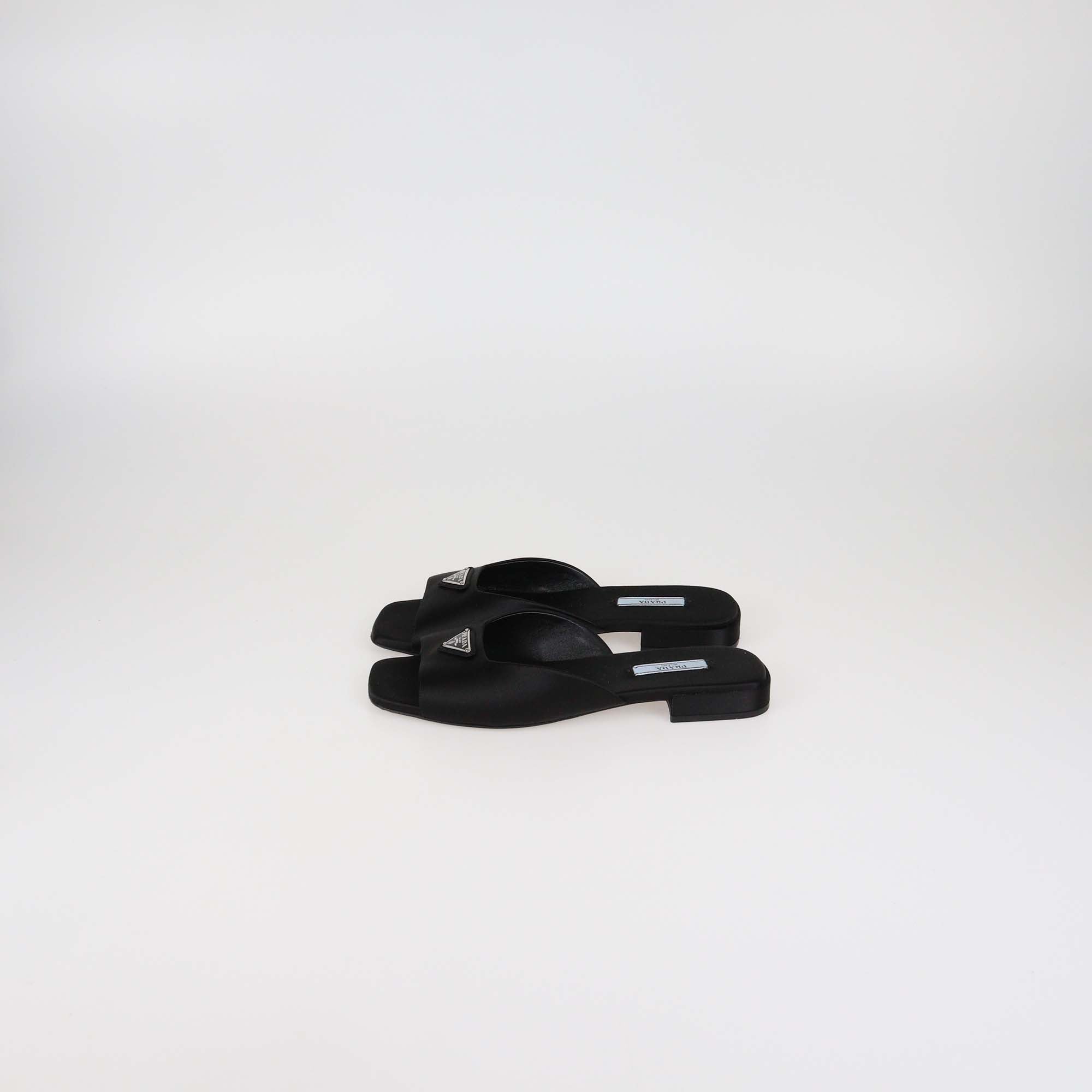 Prada Black Logo Detail Satin Square Toe Slide Flat Sandal
