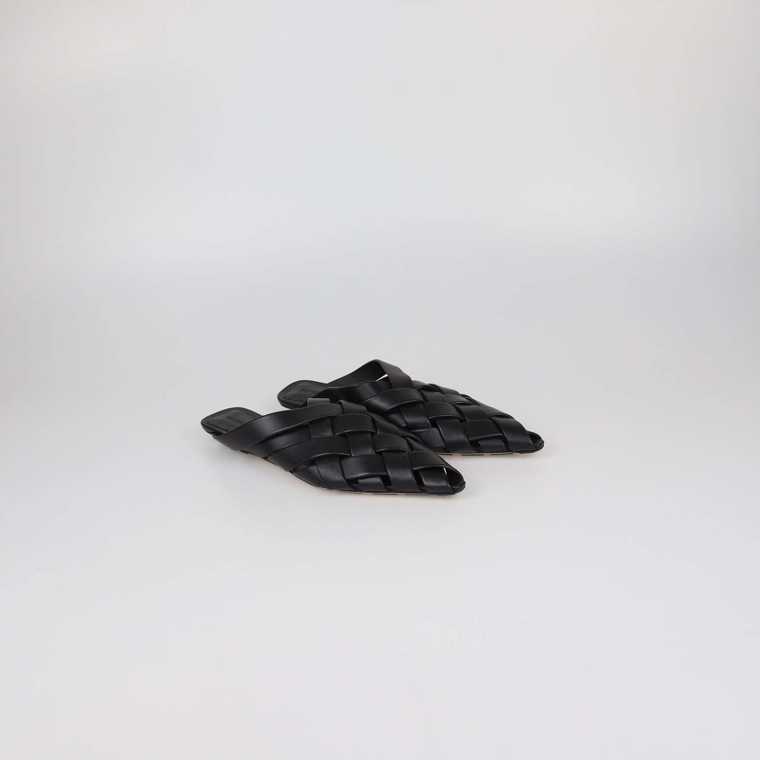 Bottega Veneta Black Woven Leather Alfie Flat Mules