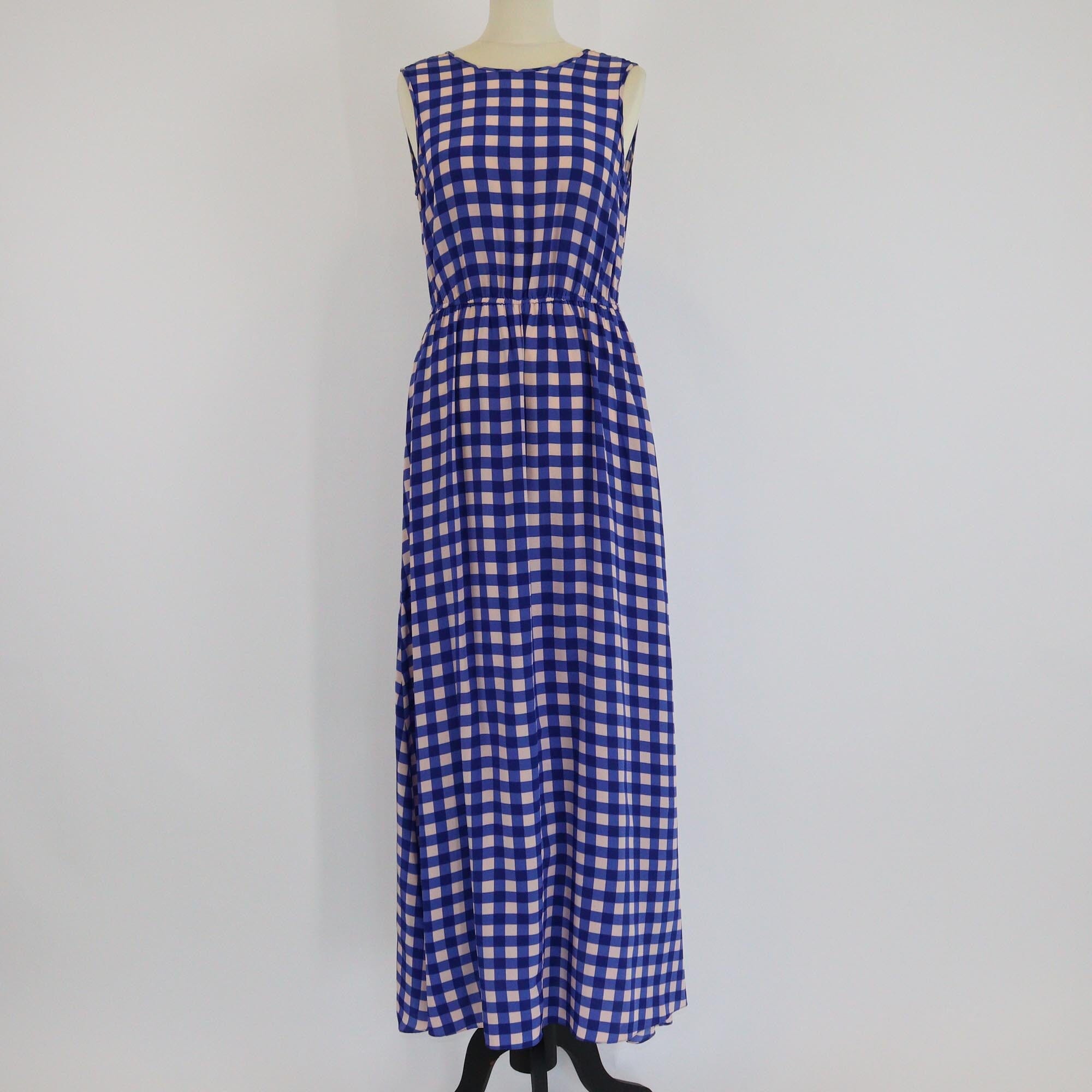 Diane Von Furstenberg Blue Checkered Maxi Sleeveless Dress Womens Diane Von Furstenberg