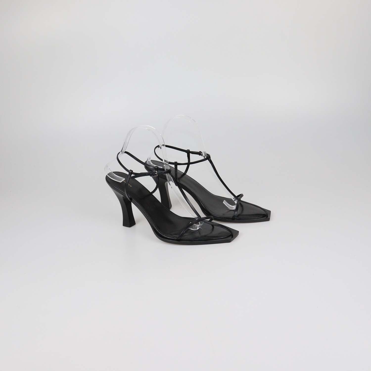 The Row Black Leather T-Bar Heel Sandals