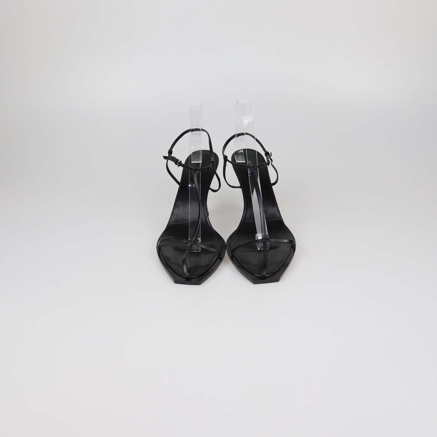 The Row Black Leather T-Bar Heel Sandals