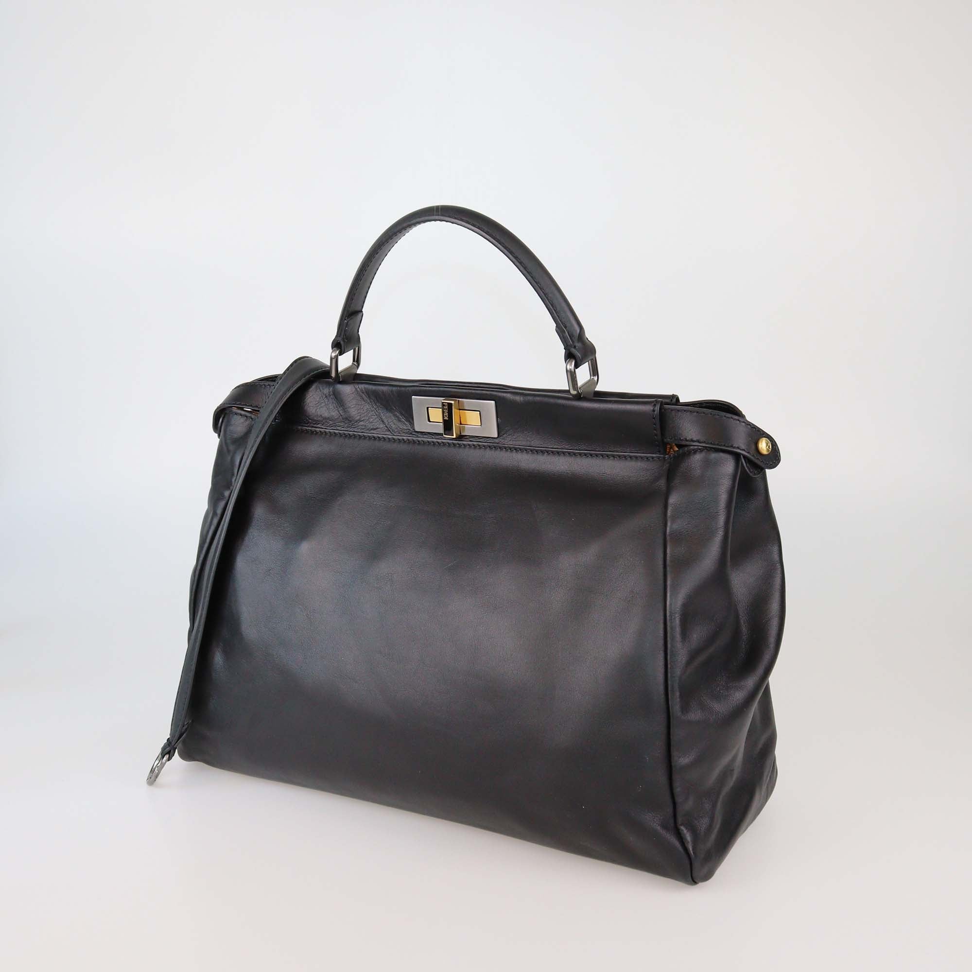 Fendi Black Leather Large Peekaboo Top Handle Bag